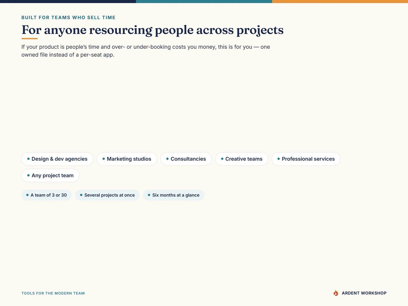 Built for agencies, studios, consultancies, and any team that sells people's time
