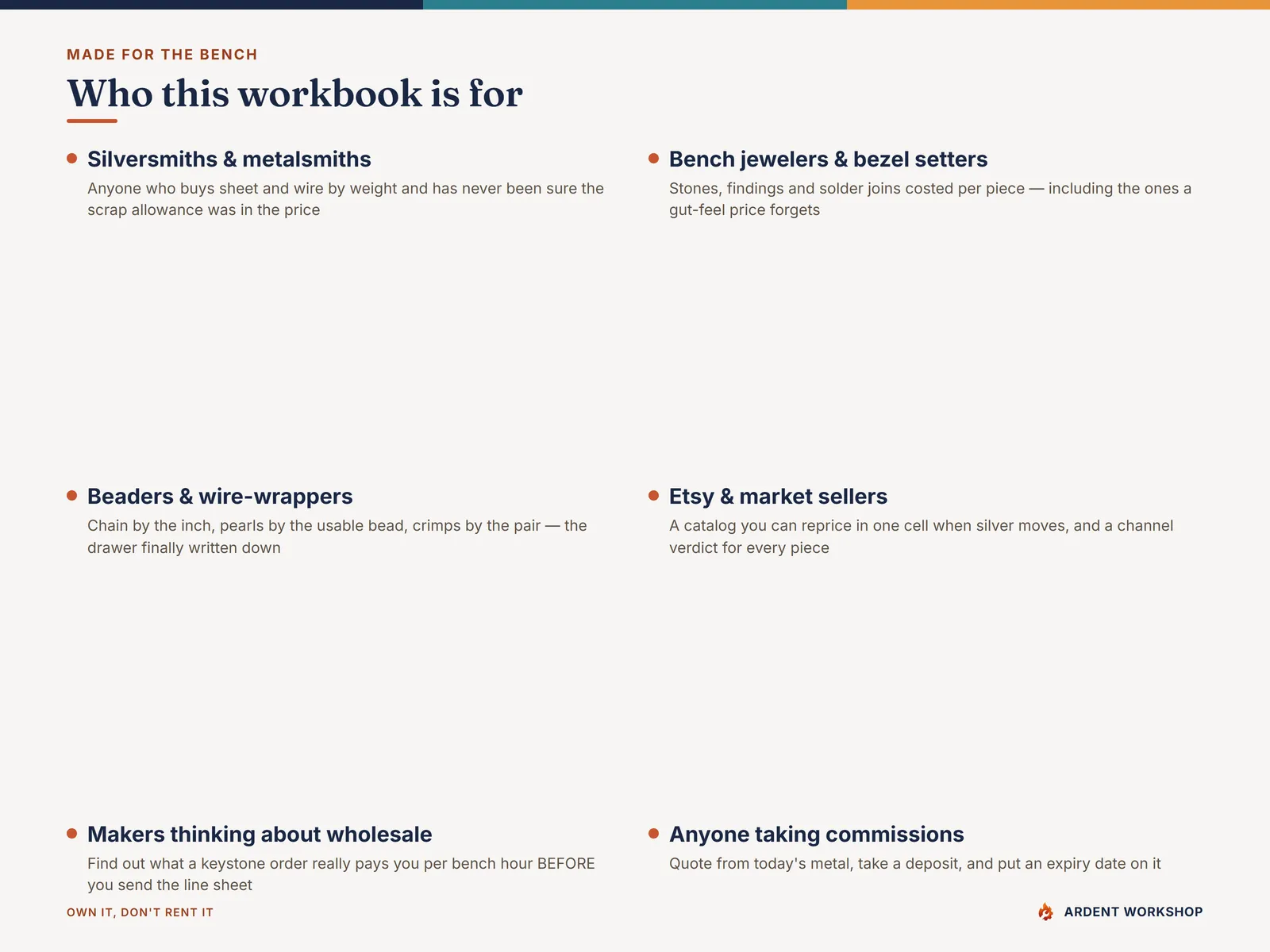 Who the workbook is for — silversmiths, bench jewelers, beaders, market sellers and anyone taking commissions