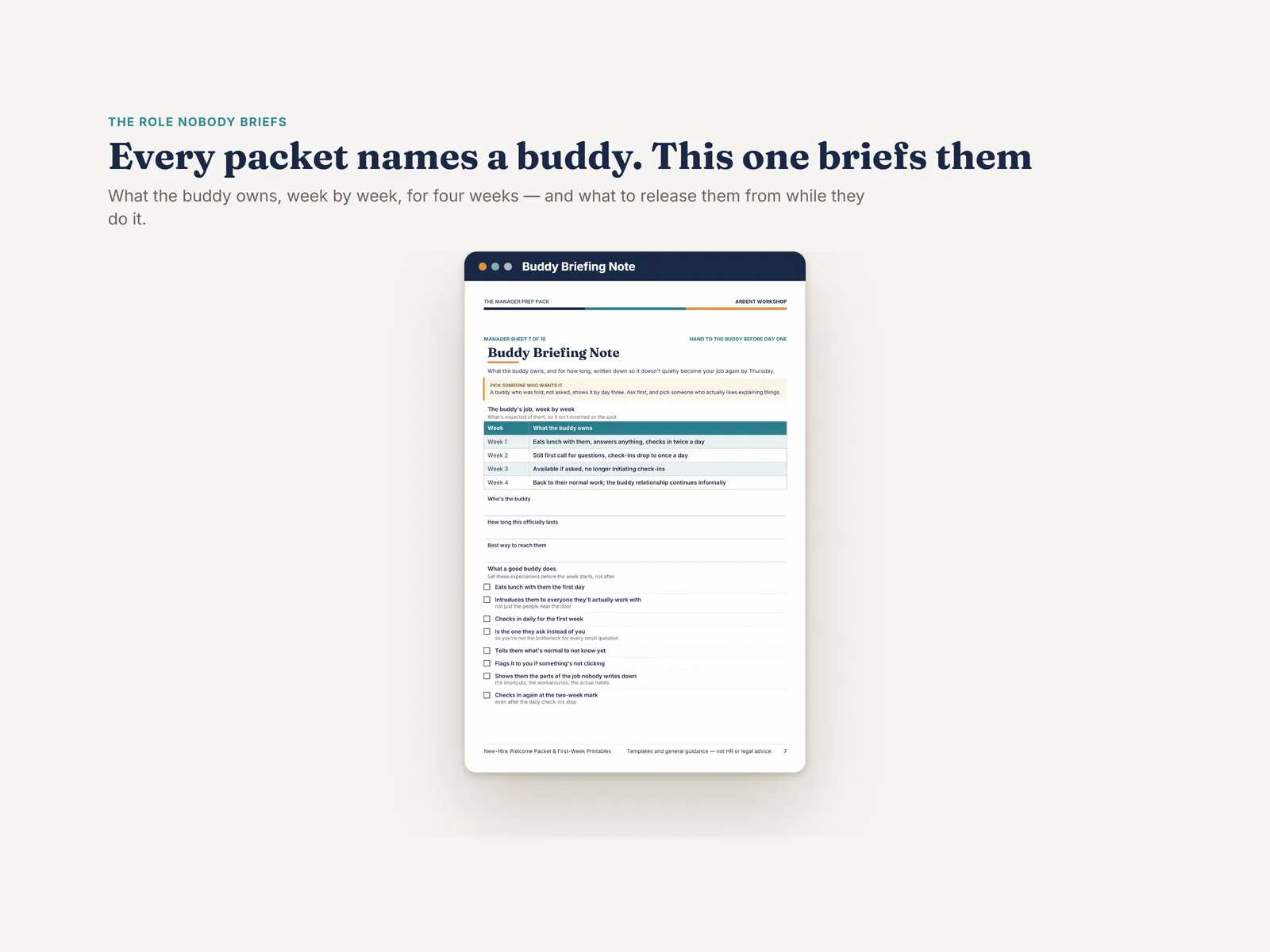 The Buddy Briefing Note — what the buddy owns week by week for four weeks, and what a good buddy actually does