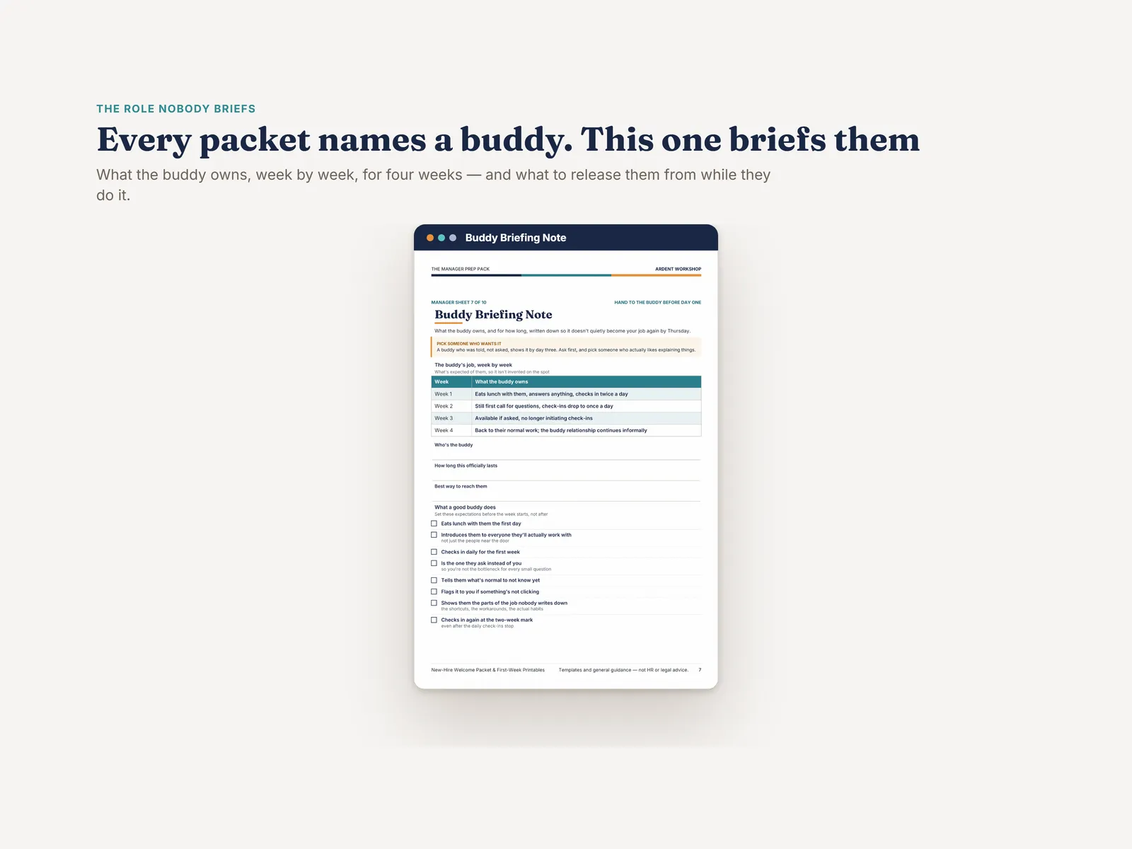 The Buddy Briefing Note — what the buddy owns week by week for four weeks, and what a good buddy actually does