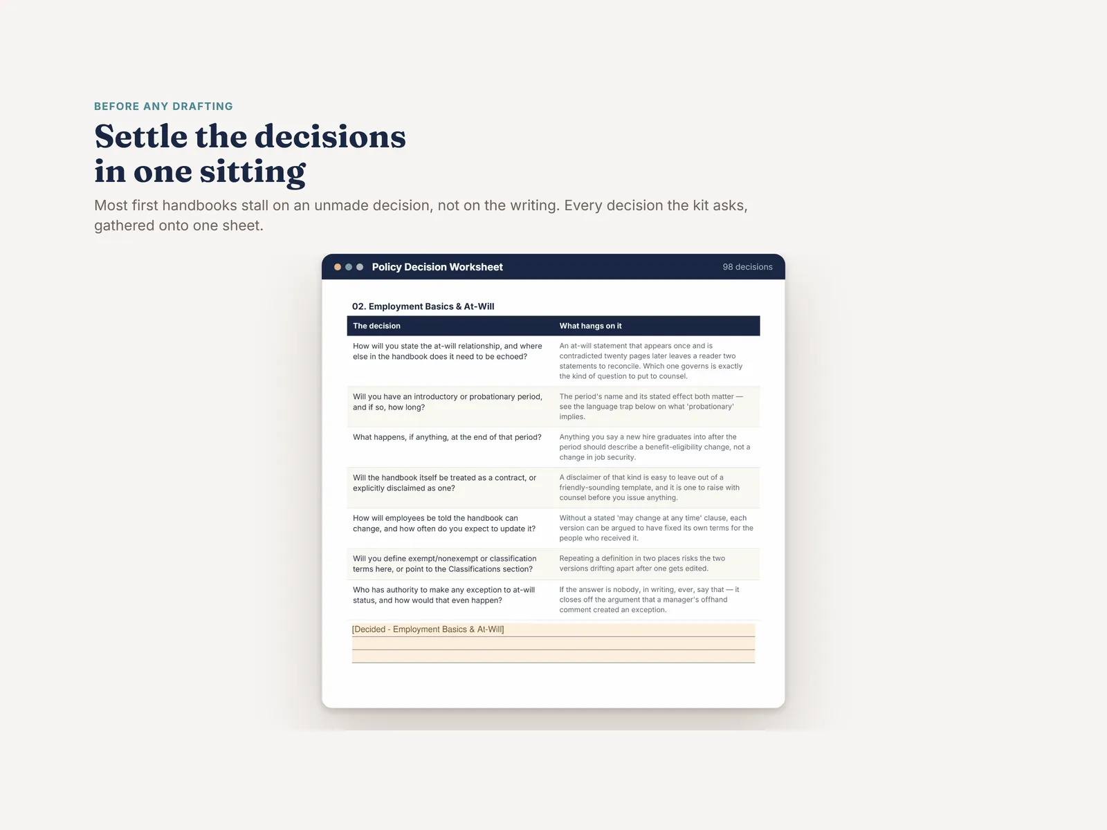 The Policy Decision Worksheet gathering every decision the handbook has to make onto one sheet