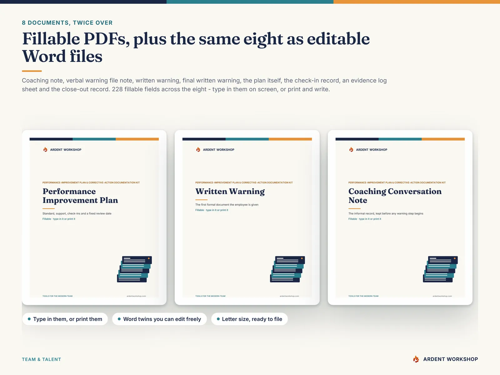 Eight corrective-action documents as fillable PDFs — the performance improvement plan, a written warning and a coaching conversation note among them — with editable Word twins of all eight