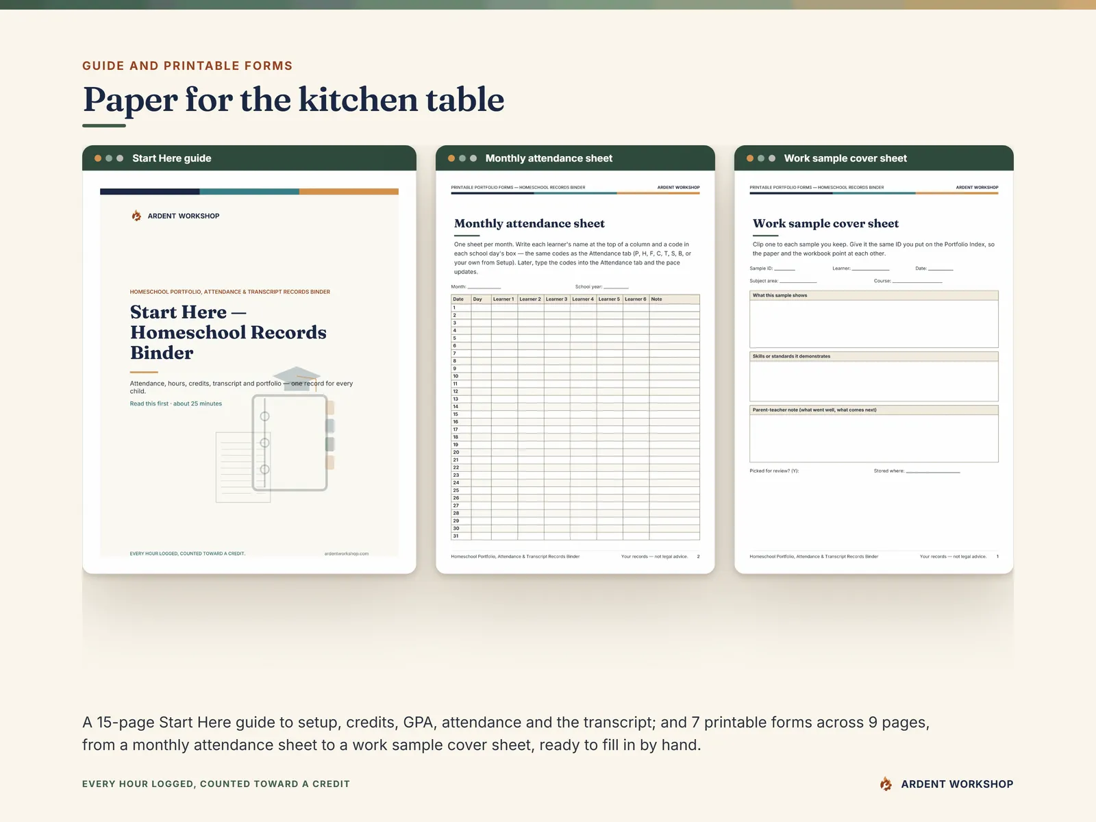 Homeschool Records Binder — the Start Here guide, the monthly attendance sheet and the work sample cover sheet