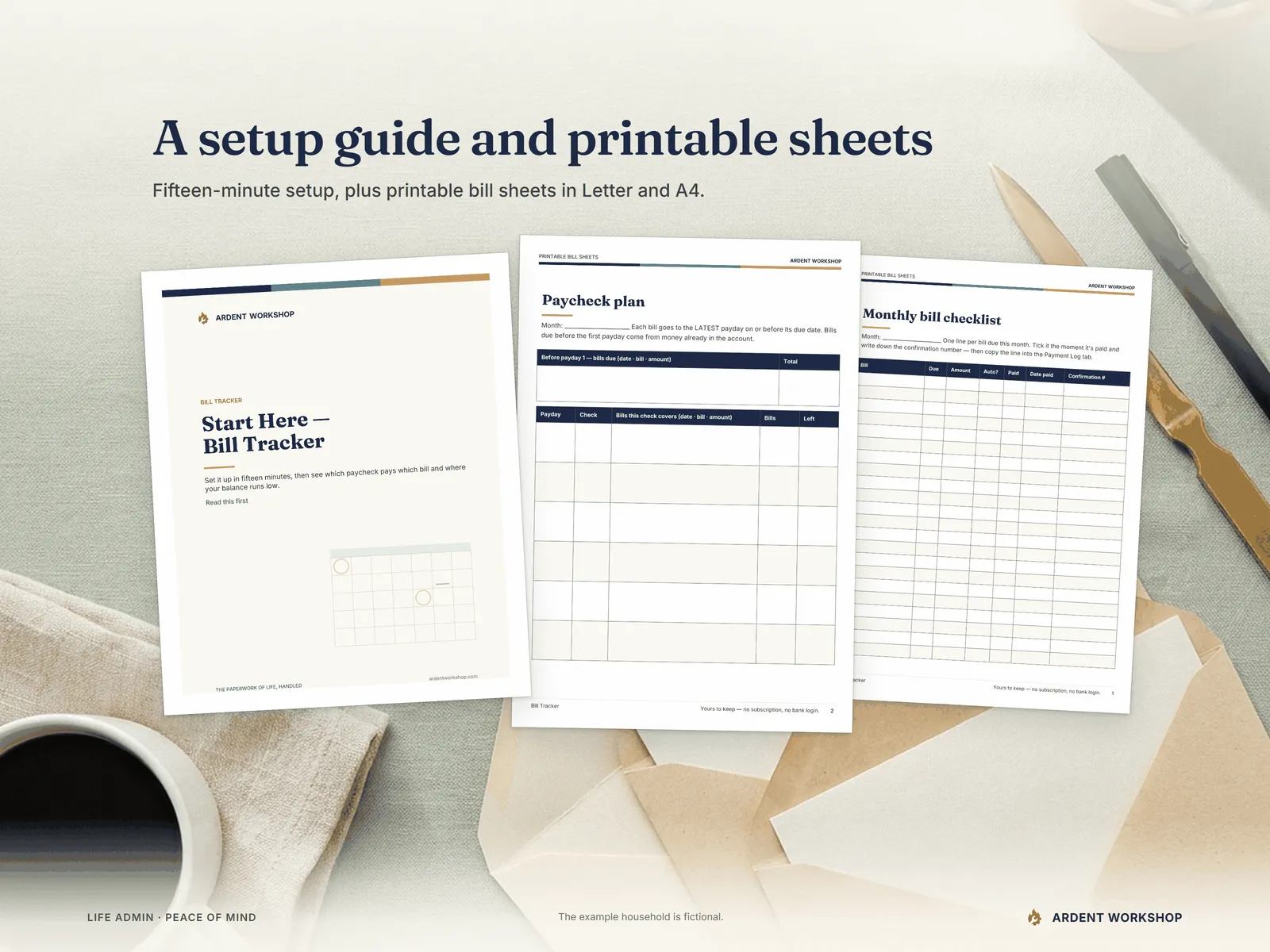 The Start Here guide, a printable paycheck plan and a monthly bill checklist laid on a table