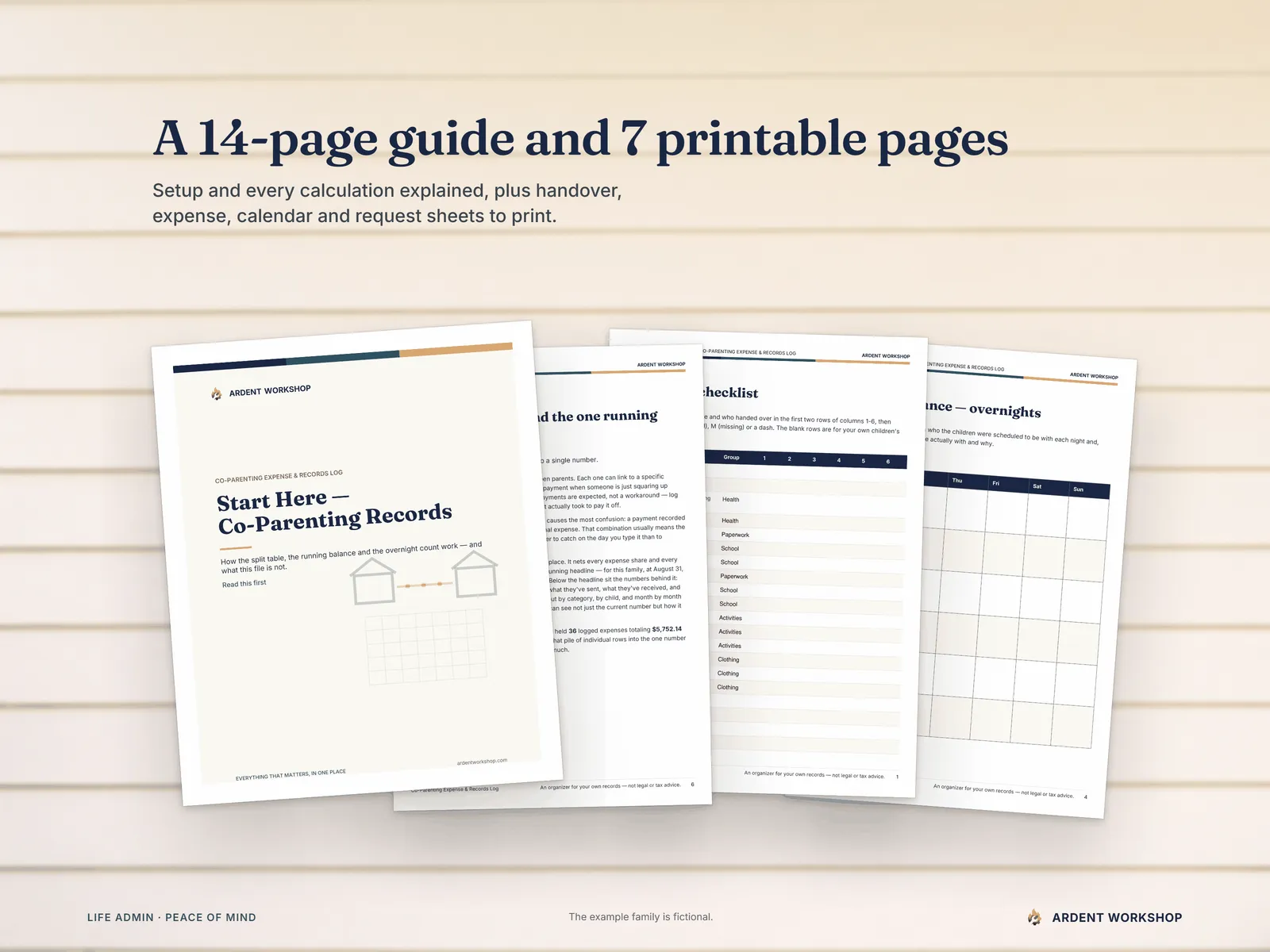 The Start Here guide cover, one guide page and two printable records pages laid out as printed sheets against a porch wall
