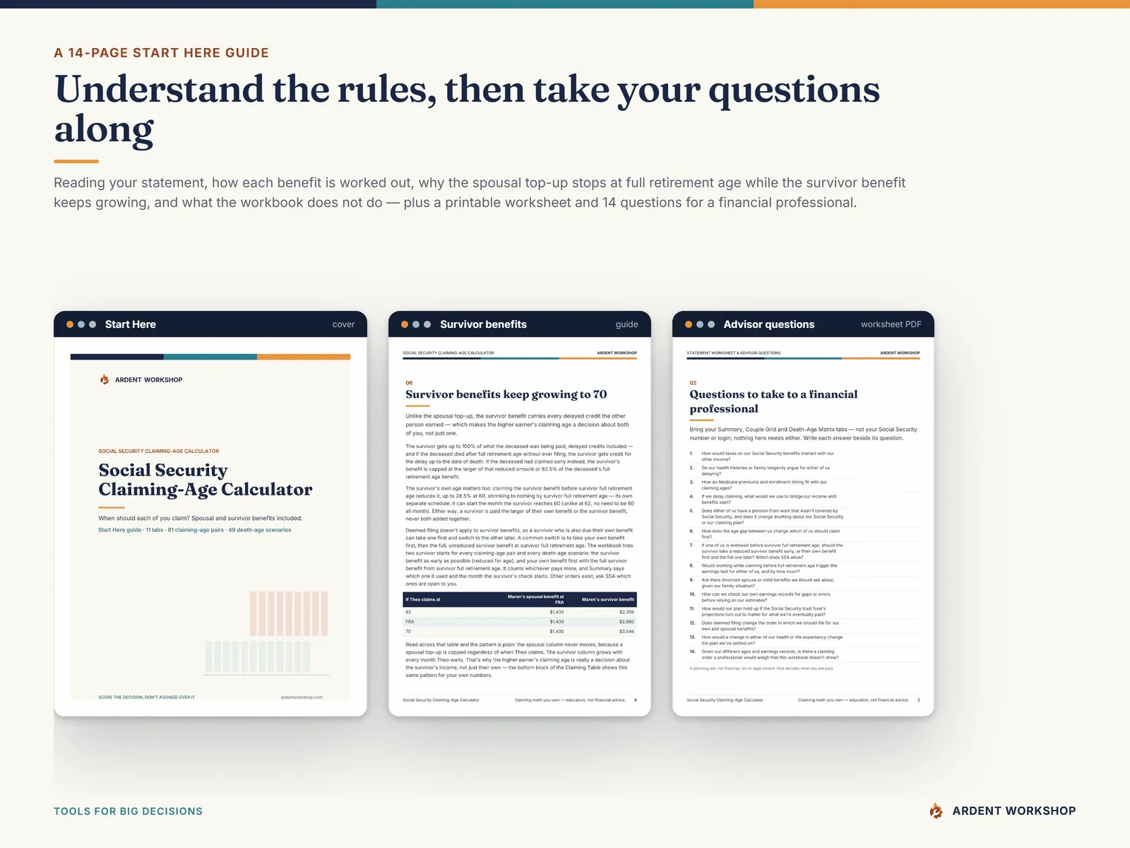 Pages from the Start Here guide and the worksheet PDF - the cover, survivor benefits, and questions to take to a financial professional