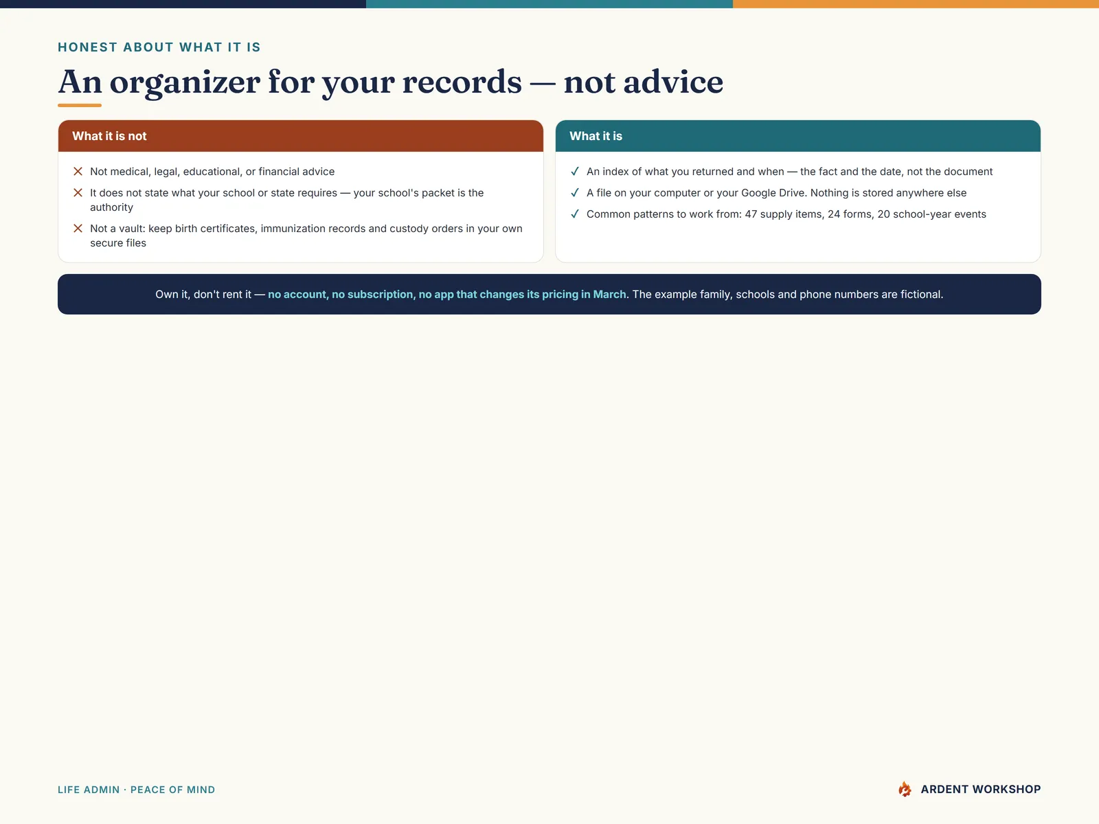 Back-to-School Family Organizer — honest about what it is, an organizer for your own records, not medical, legal or educational advice
