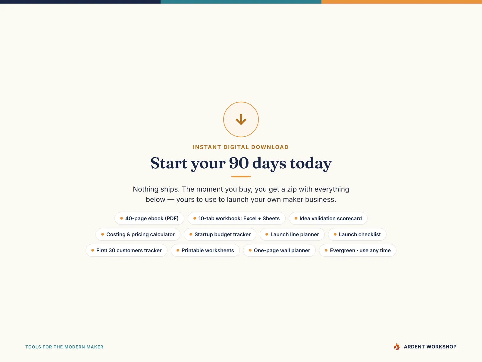 Instant-download contents: the 40-page ebook, the 10-tab workbook in Excel and Google Sheets, the printable worksheets, and the one-page wall planner