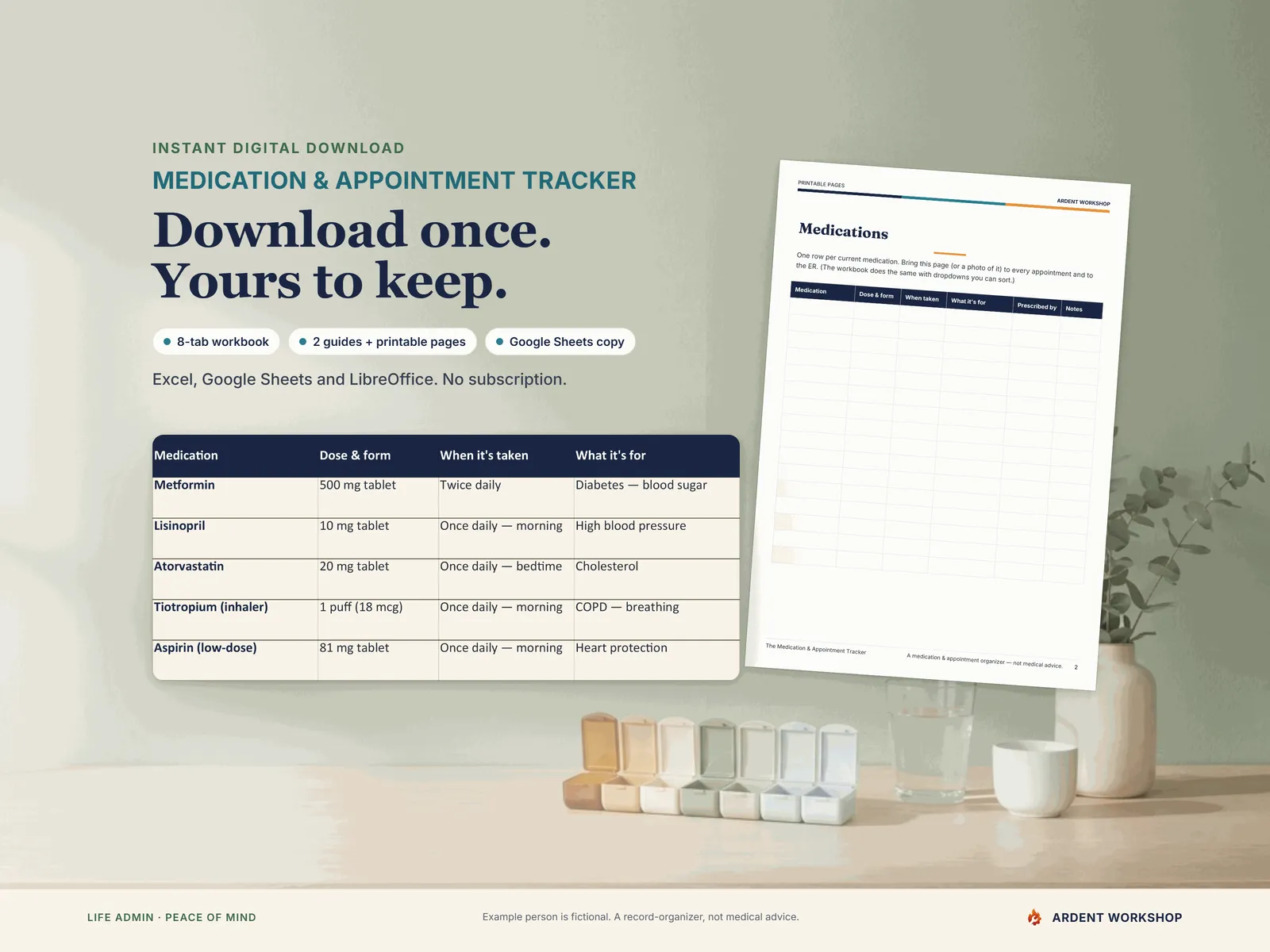 Medication & Appointment Tracker — instant digital download: an 8-tab workbook, 2 PDF guides and a printable-pages PDF, and a Google Sheets copy, yours to keep