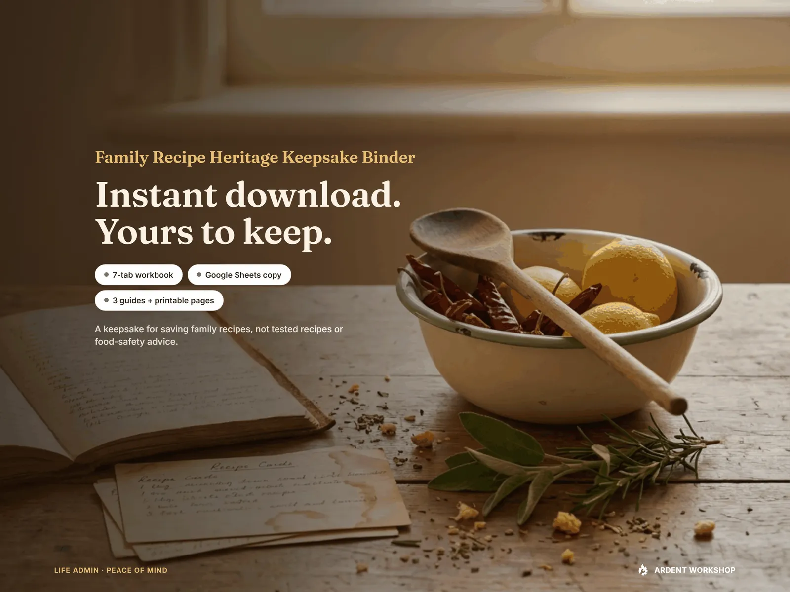 Family Recipe Heritage Keepsake Binder — instant download: 7-tab workbook, Google Sheets copy, 3 guides and printable pages
