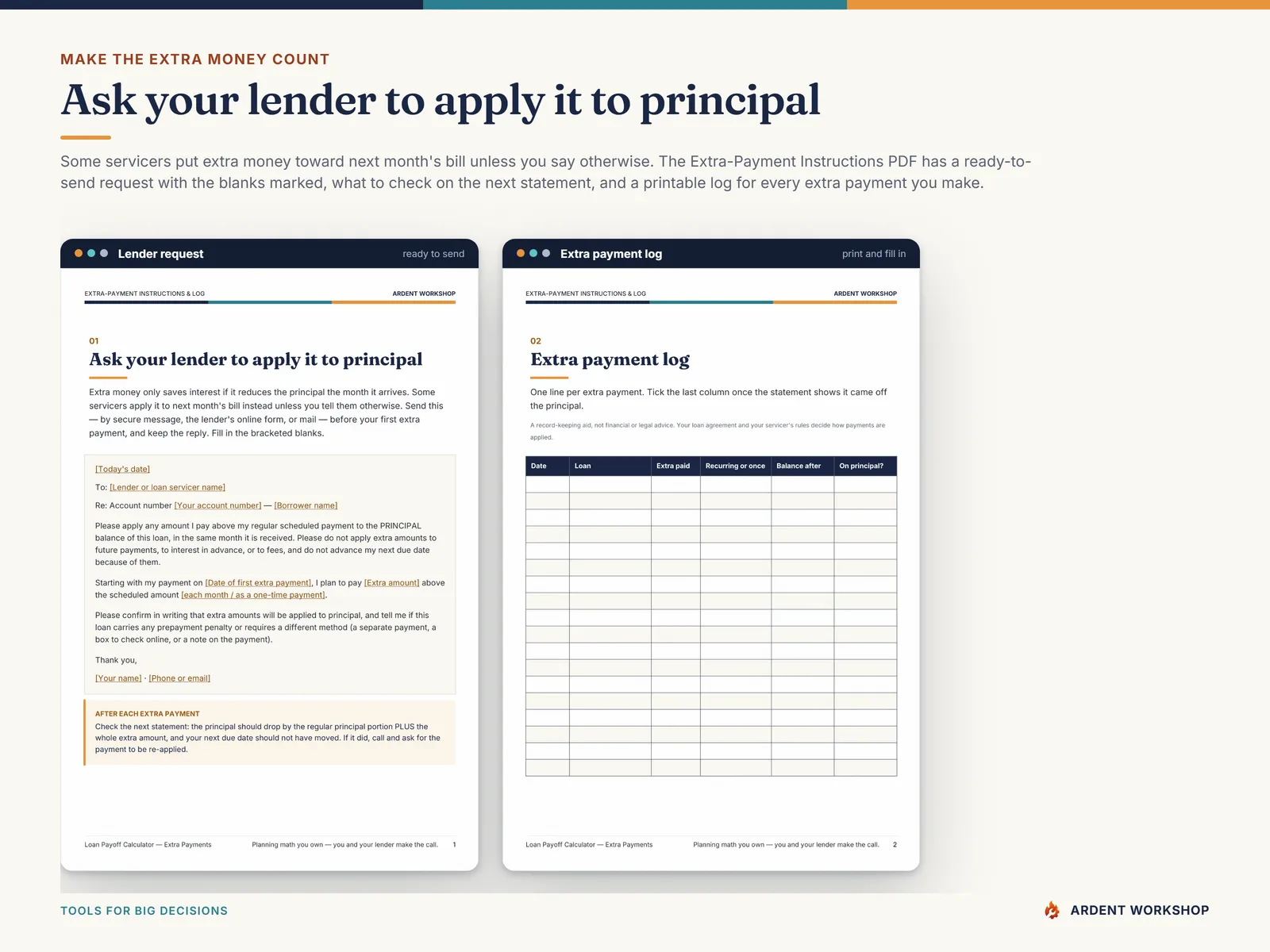 The ready-to-send request asking your lender to apply extra payments to principal, and the printable extra-payment log