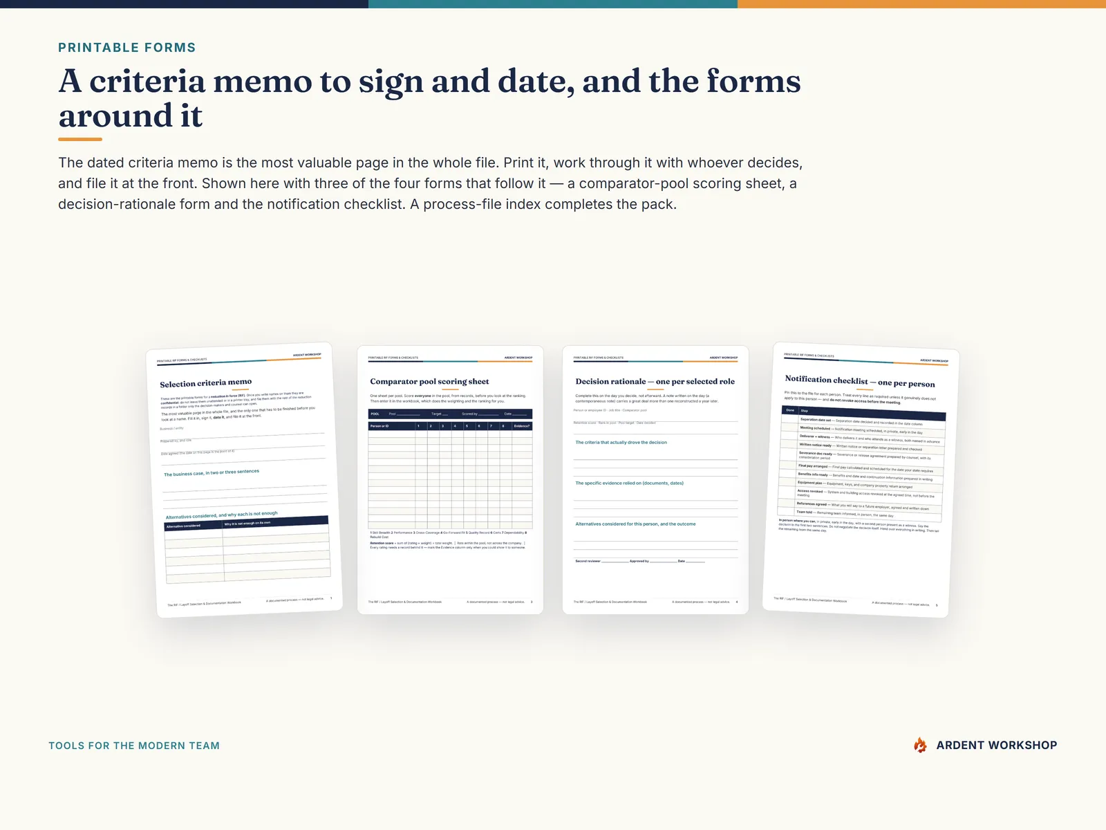 Five printable RIF forms — selection criteria memo, comparator pool scoring sheet, decision rationale form, notification checklist and process file index