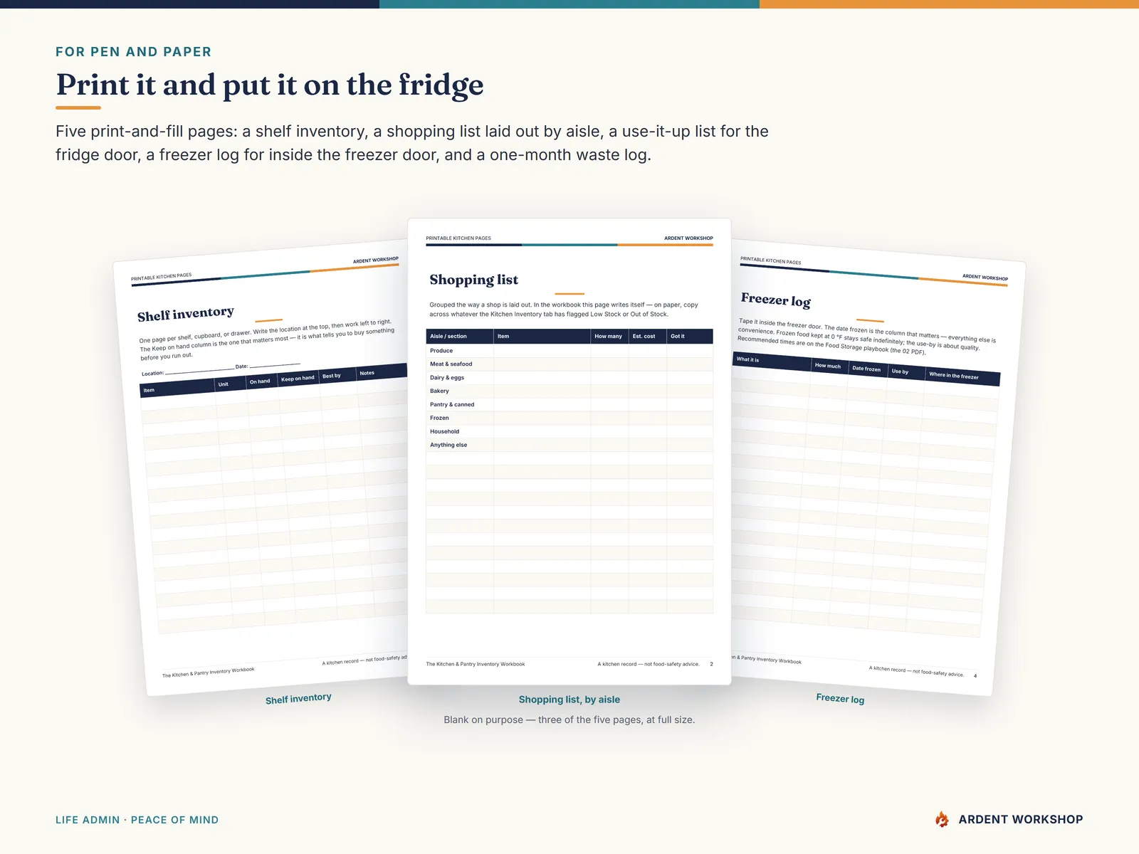 Printable kitchen pages - shelf inventory, shopping list, use-it-up list, freezer log, waste log