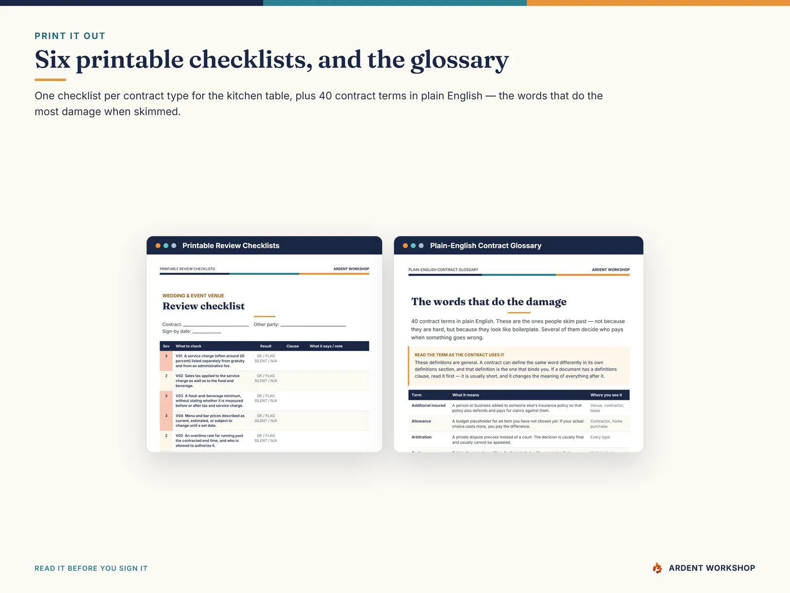 Printable review checklists, one per contract type, and a plain-English glossary of forty contract terms