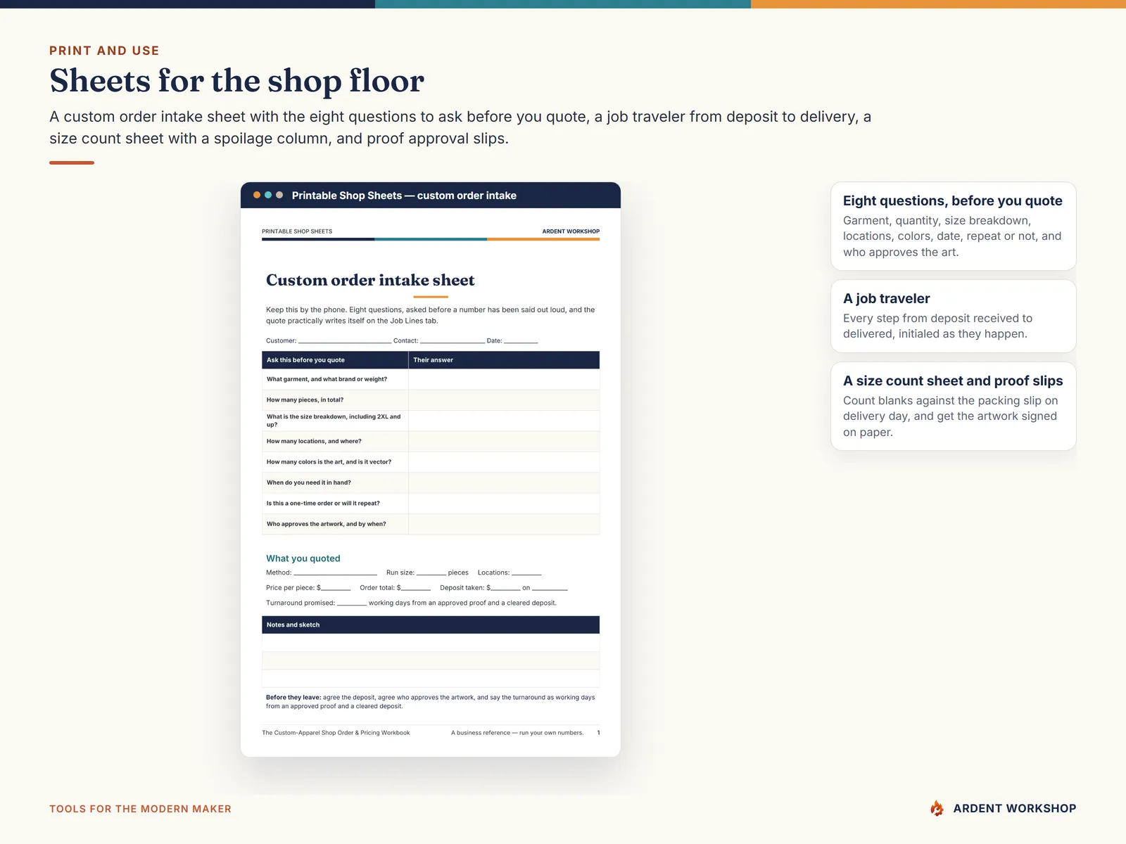 The printable custom order intake sheet with the eight questions to ask before quoting a decorated apparel job
