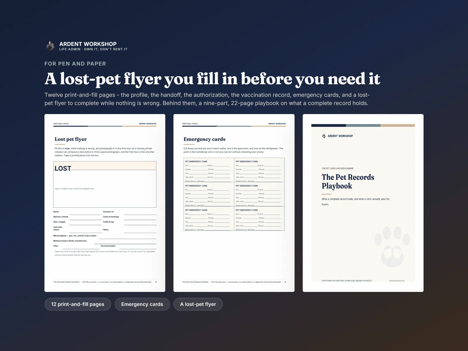 Print-and-fill pages including a lost-pet flyer, cut-out wallet emergency cards and a page from the Pet Records Playbook