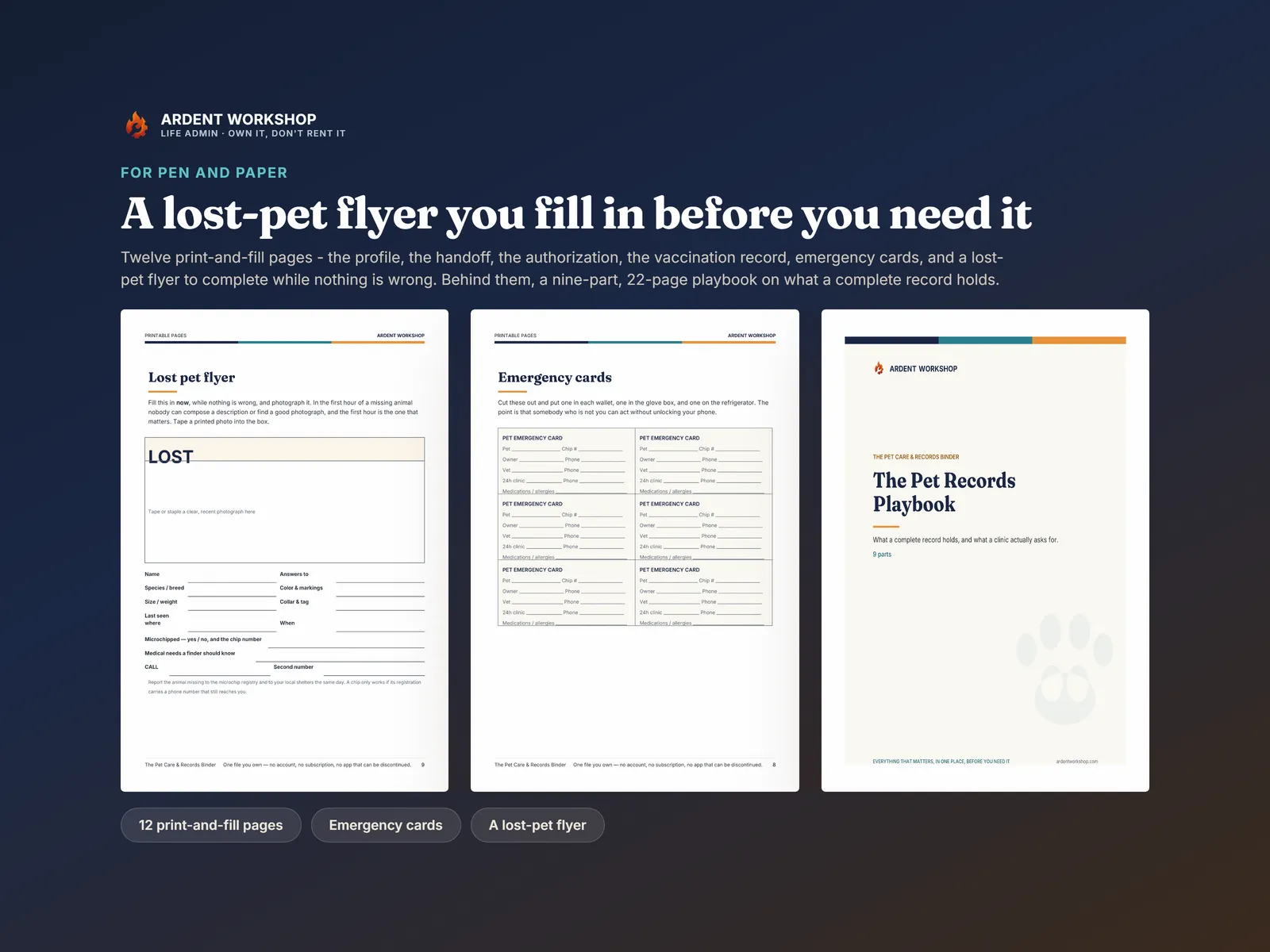 Print-and-fill pages including a lost-pet flyer, cut-out wallet emergency cards and a page from the Pet Records Playbook
