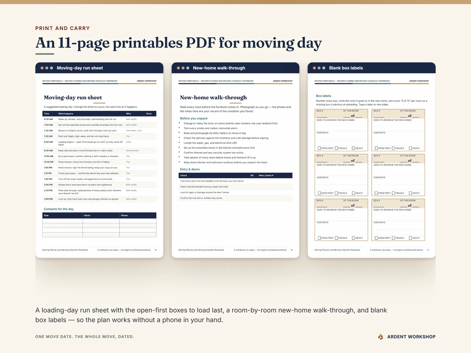 The printables PDF - a moving-day run sheet, a new-home walk-through and blank box labels
