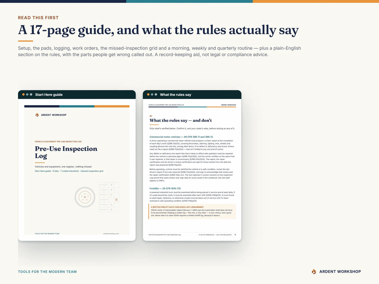The 17-page Start Here guide - its cover beside the page explaining what the rules say and do not say about written inspection records