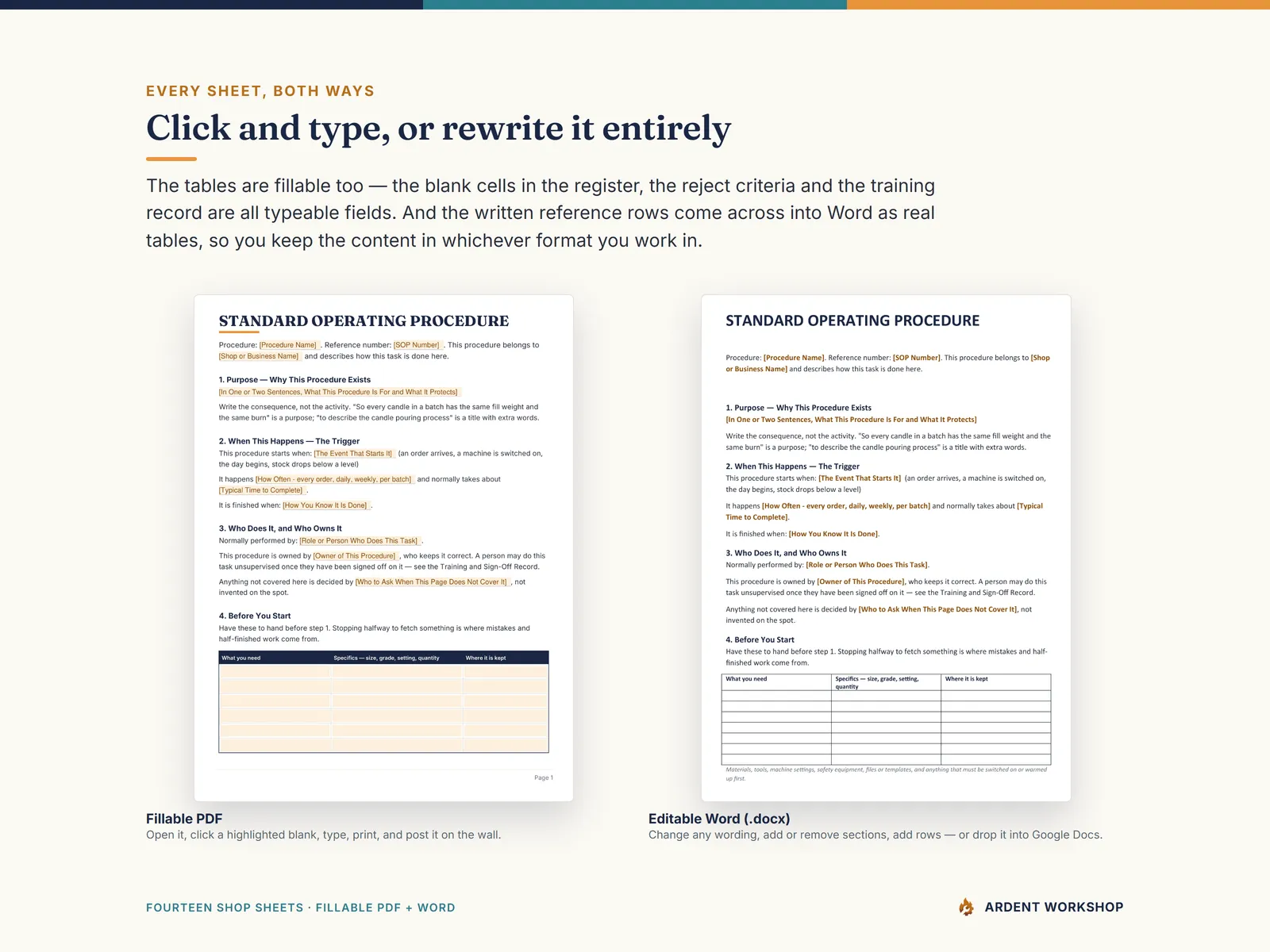 Every sheet in two formats — a fillable PDF and an editable Word document
