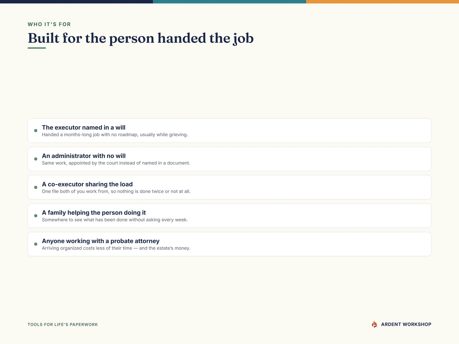 Built for the executor named in a will, an administrator appointed by the court, and the family helping them