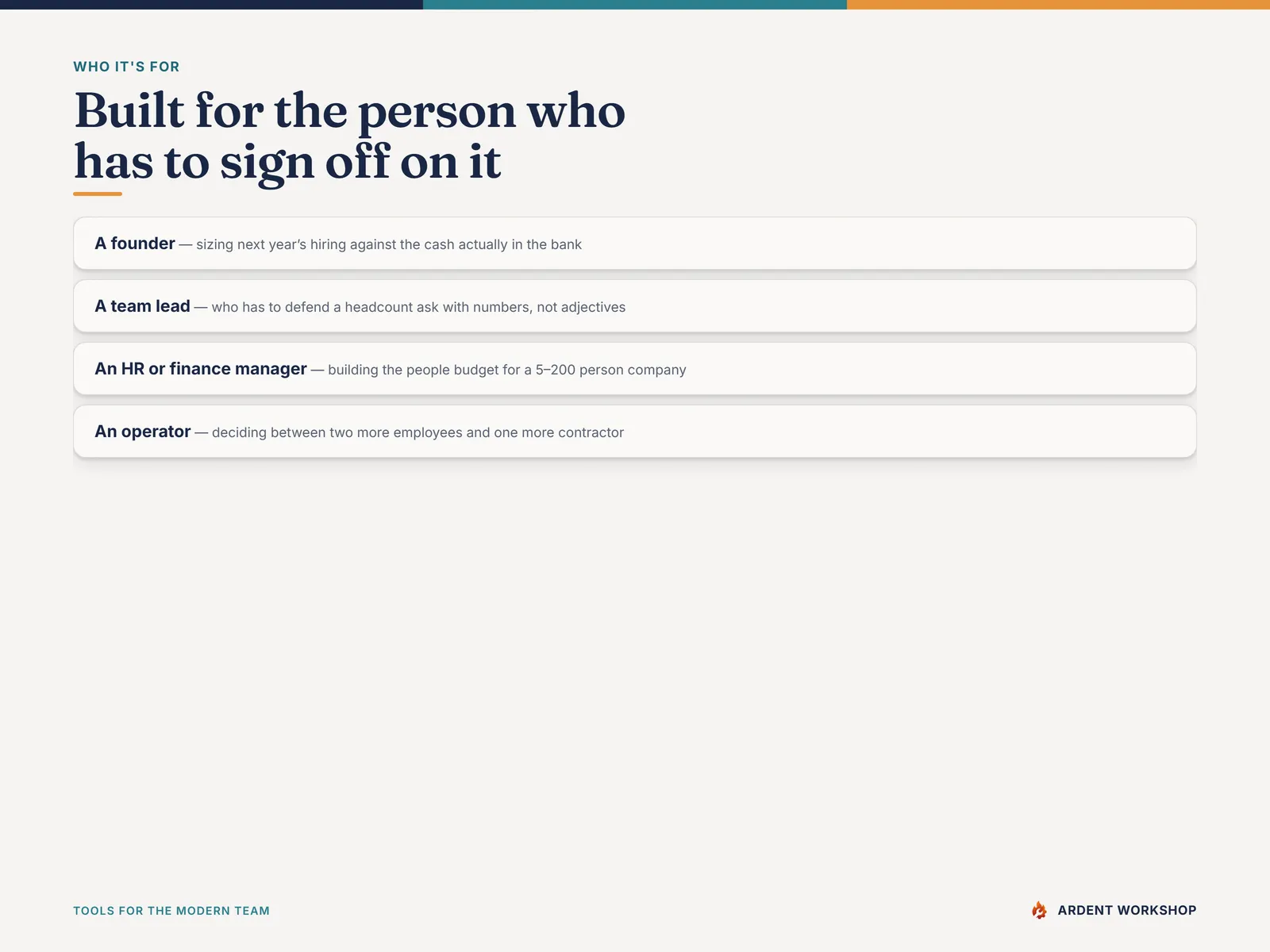 Built for founders, team leads, and HR or finance managers at a 5 to 200 person company