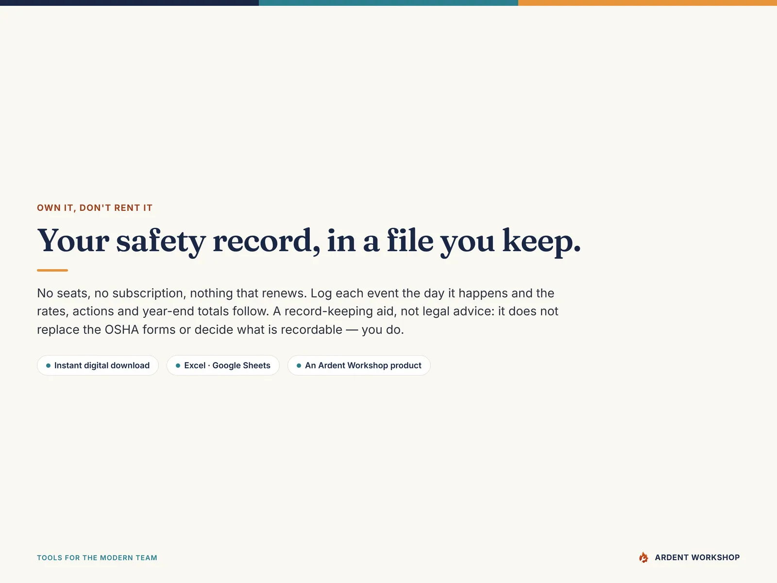 Closing card - your safety record in a file you keep, with no seats or subscription, and a note that it is a record-keeping aid