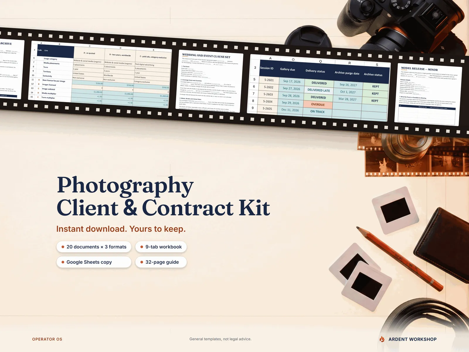 Photography Client & Contract Kit — instant download with 20 documents in 3 formats, a 9-tab workbook, a Google Sheets copy and a 32-page guide