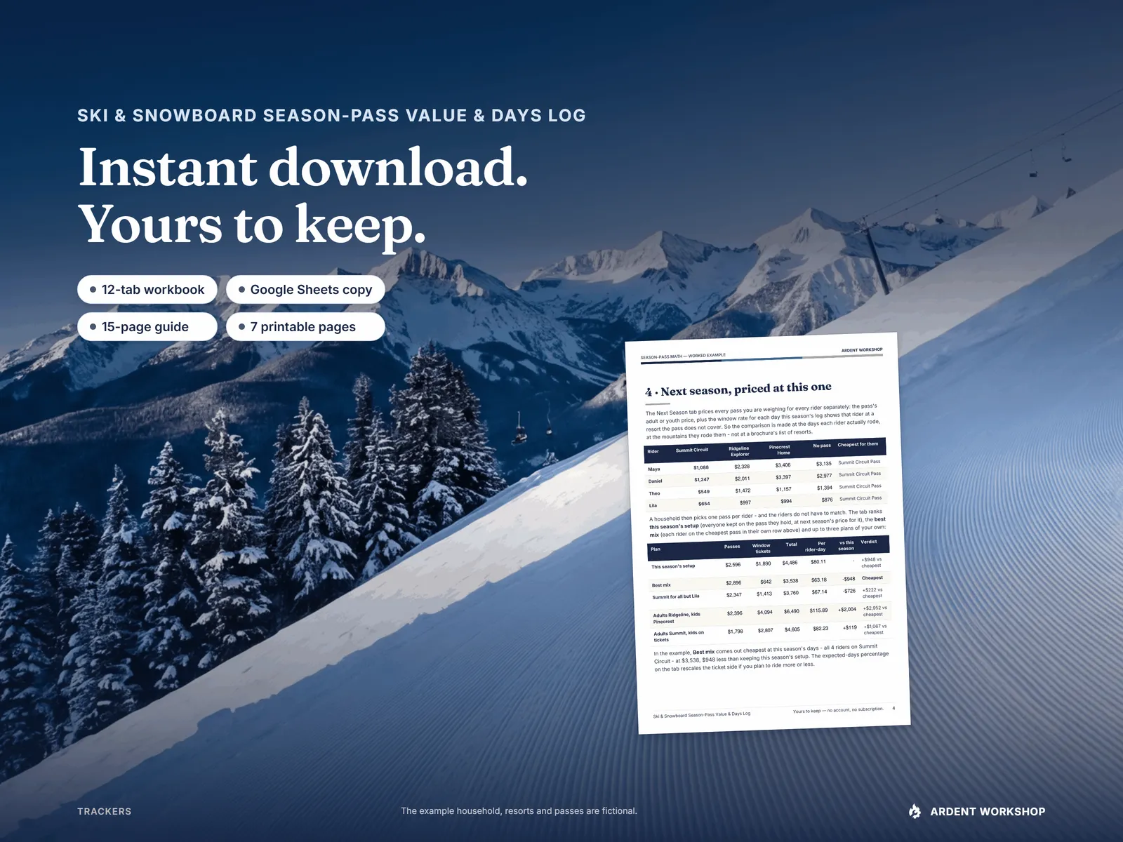 Instant download — a 12-tab workbook, a Google Sheets copy, a 15-page guide and 7 printable pages