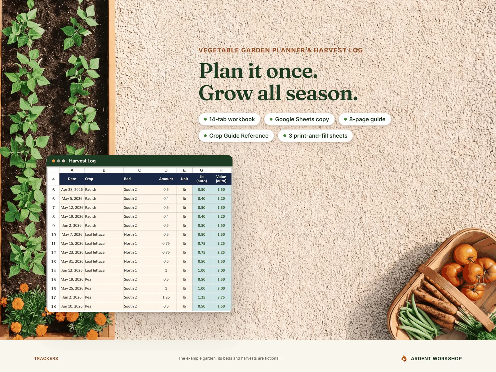 Vegetable Garden Planner & Harvest Log: a 14-tab workbook, a Google Sheets copy, an 8-page guide, the Crop Guide Reference and 3 print-and-fill sheets