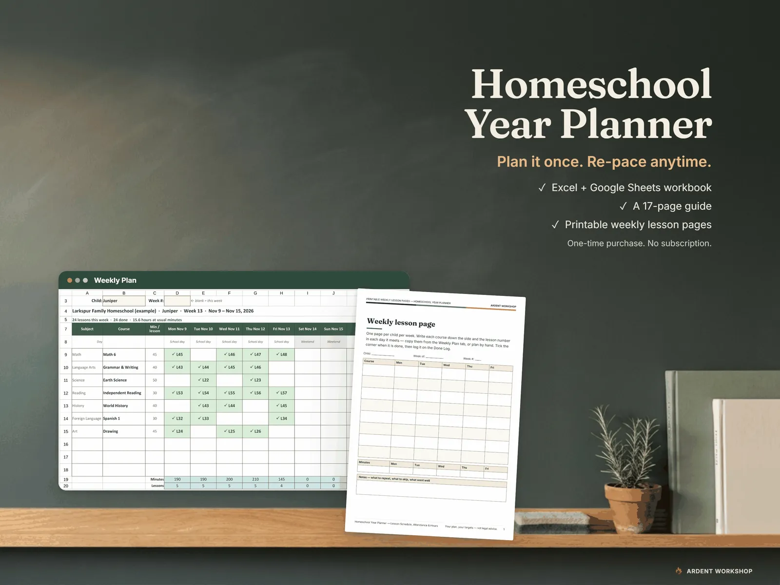 Homeschool Year Planner — the Weekly Plan and a printed weekly lesson page on a chalkboard ledge; the download holds an Excel + Google Sheets workbook, a 17-page guide and printable weekly lesson pages, a one-time purchase