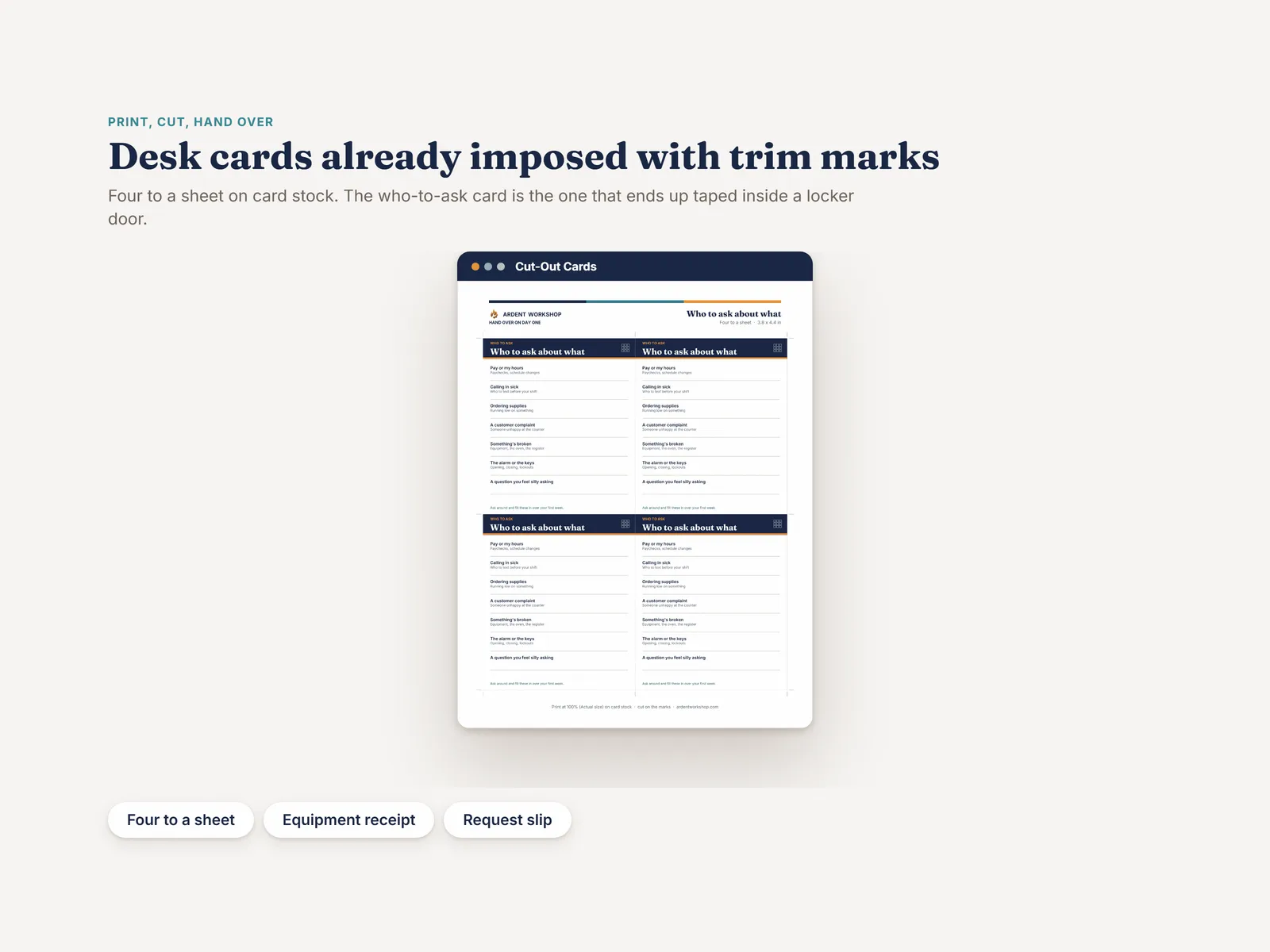 Four copies of the who-to-ask-about-what desk card, imposed four to a sheet with trim marks for cutting