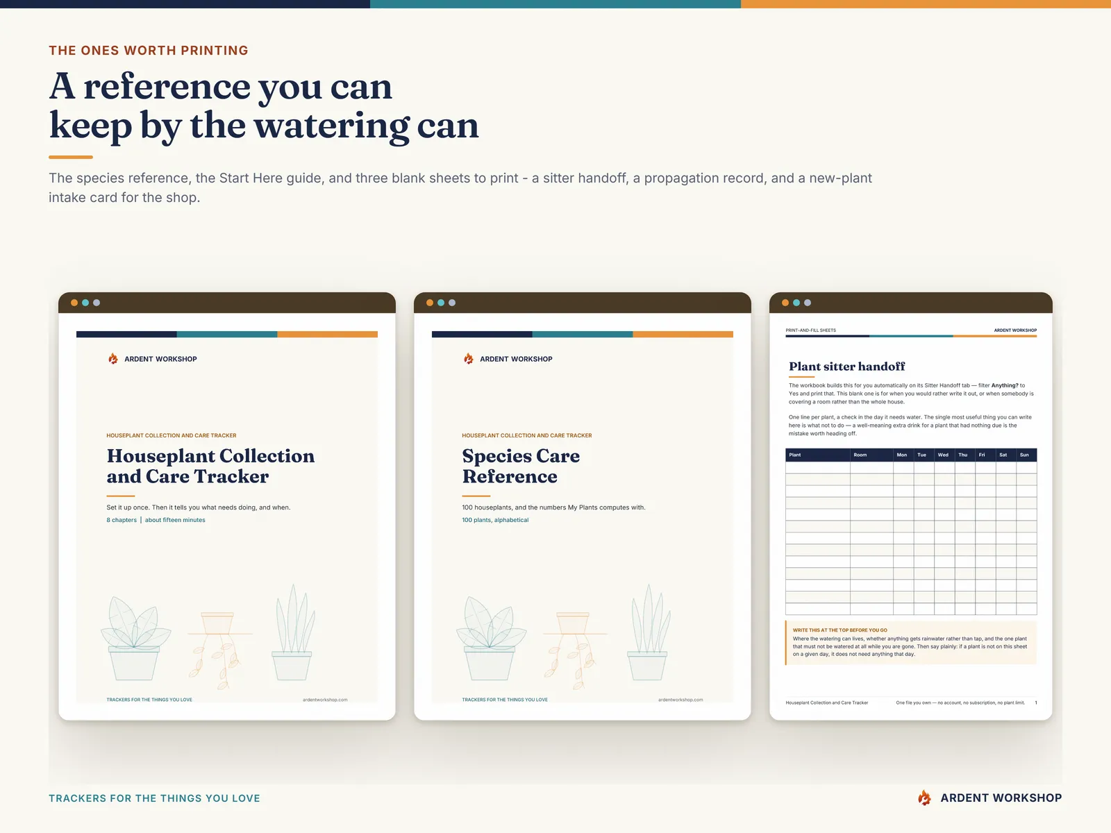 The species care reference, the Start Here guide and the three printable sheets