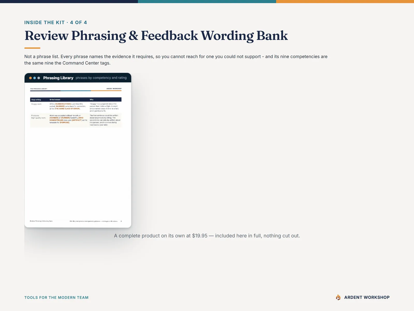 Inside the Performance-Review Phrasing & Feedback Wording Bank, phrases organized by competency and rating - a complete product included in full at $19.95