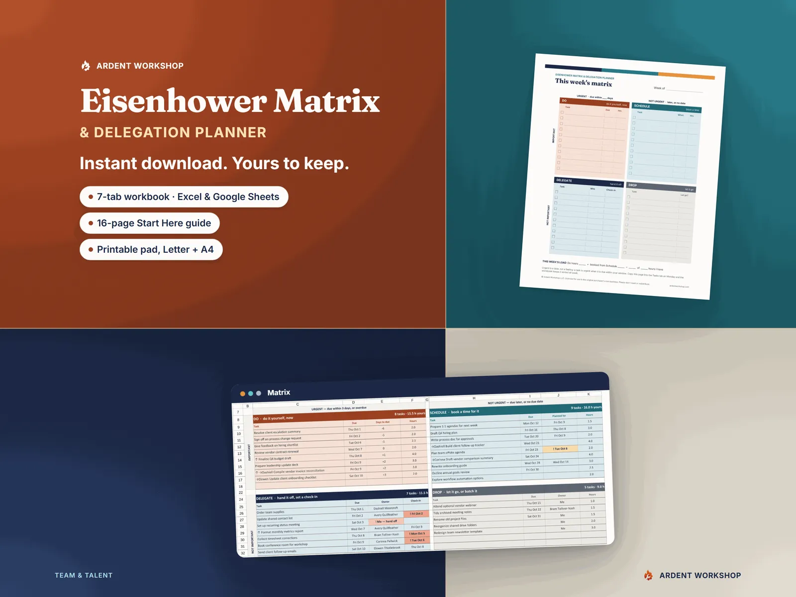 Instant download, yours to keep — a seven-tab workbook for Excel & Google Sheets, a 16-page guide and a printable pad