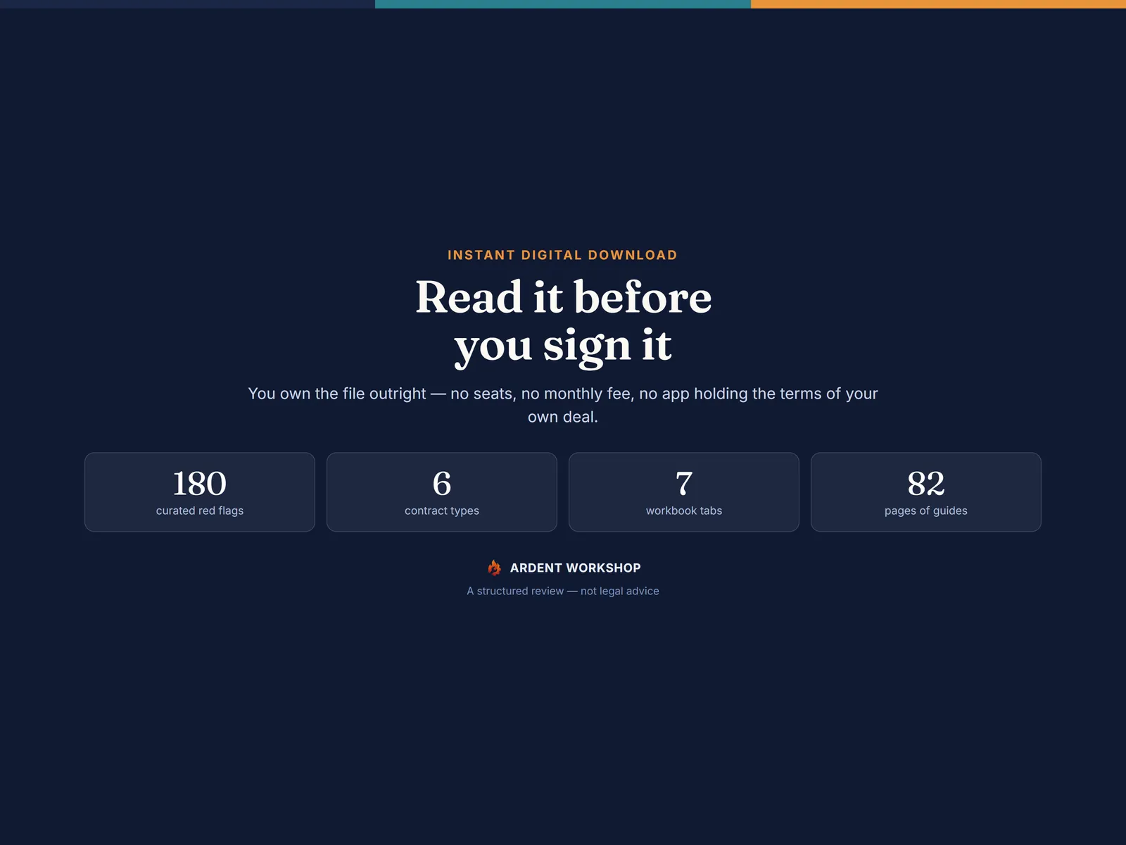 Read it before you sign it — 180 curated red flags, six contract types, seven workbook tabs and 82 pages of guides, as an instant digital download