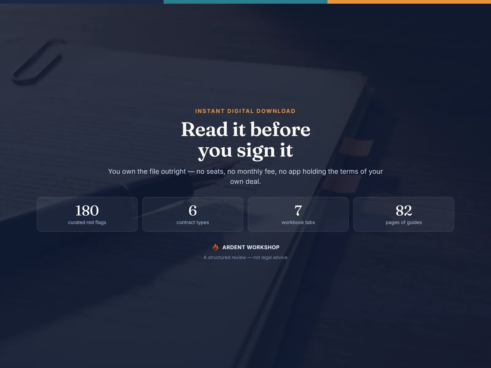 Read it before you sign it — 180 curated red flags, six contract types, seven workbook tabs and 82 pages of guides, as an instant digital download