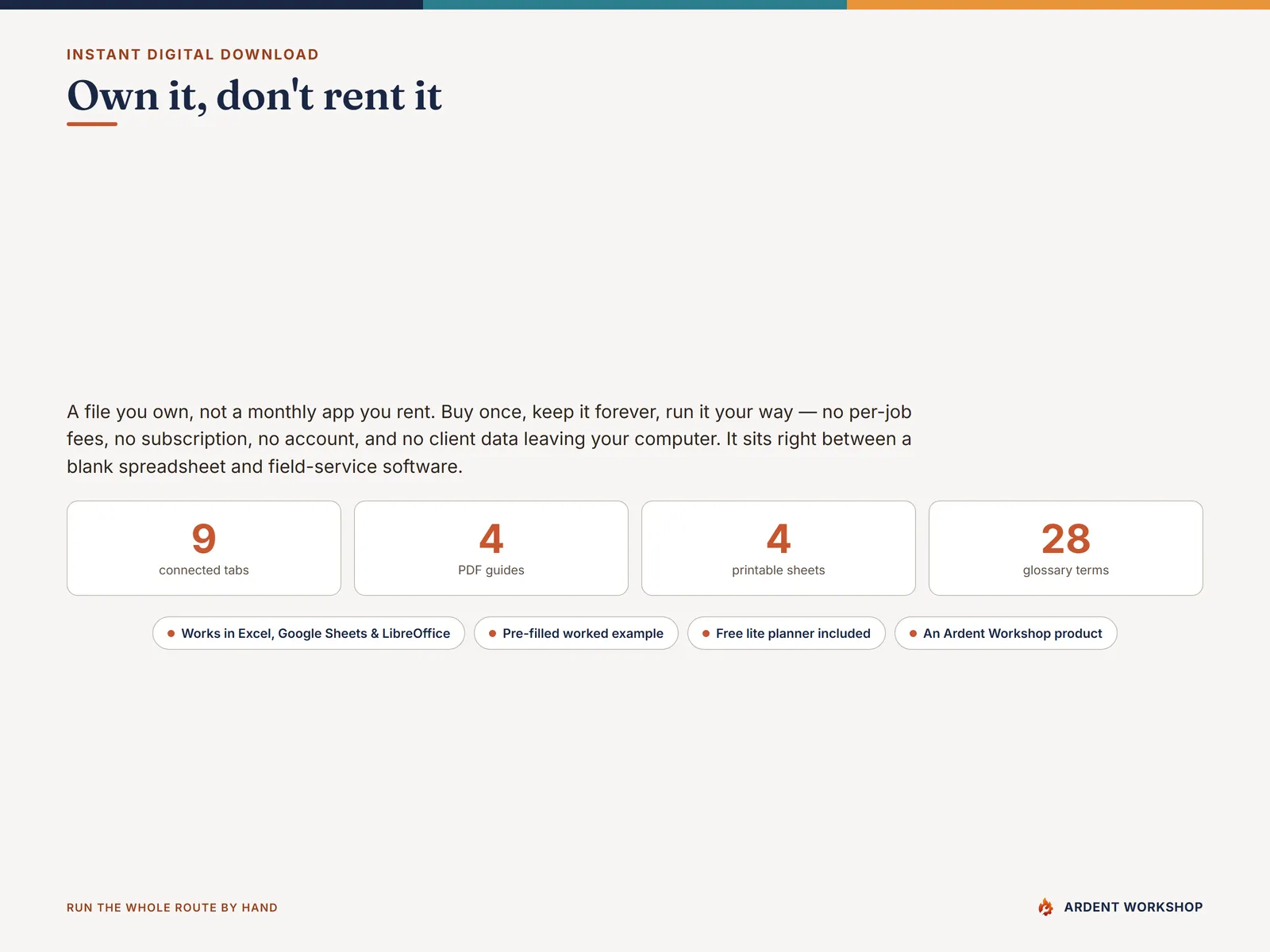 Own it, don't rent it — a nine-tab cleaning business workbook you buy once, with no subscription and no account