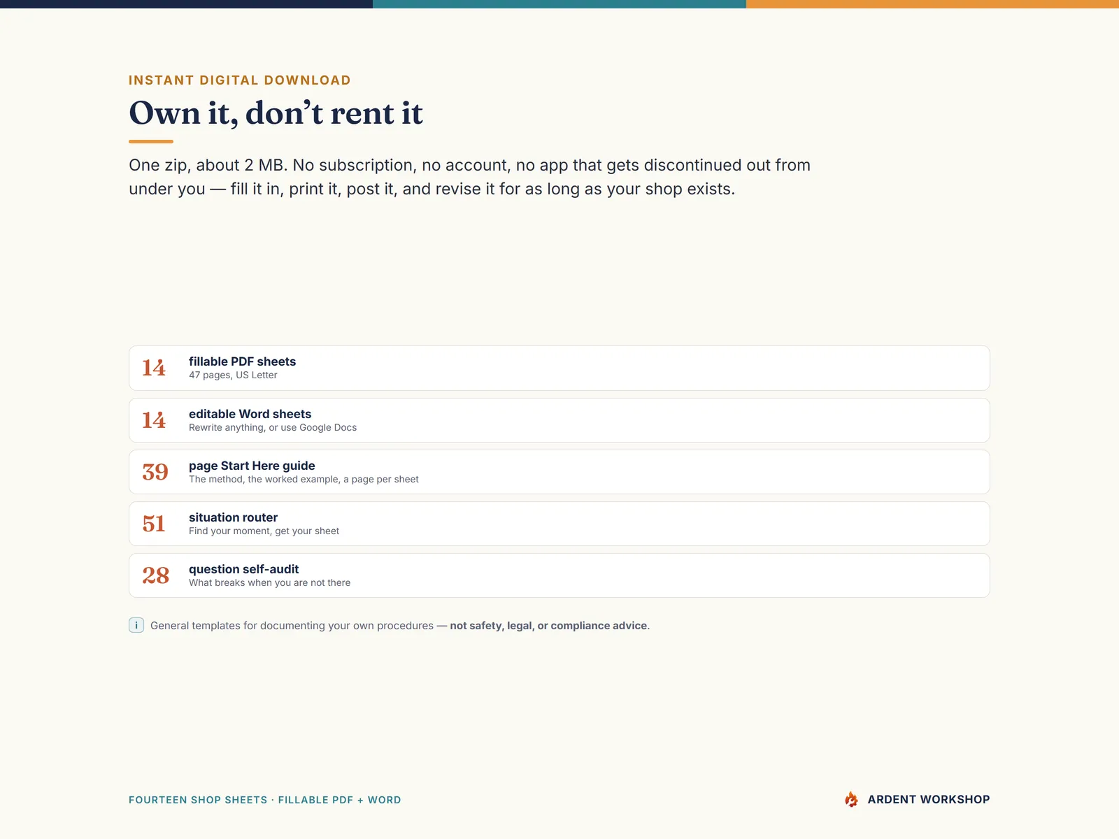 What you get — 14 fillable PDF sheets, 14 editable Word sheets, a 39-page guide, a router and a self-audit
