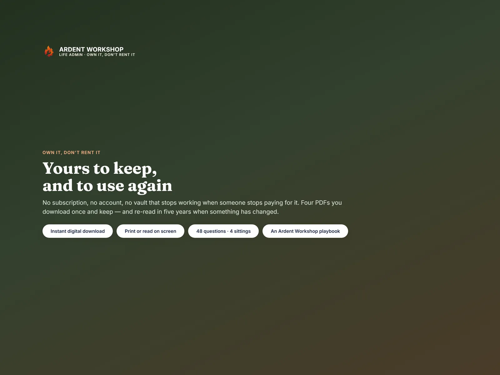 Own it, don't rent it - four PDFs you download once and keep, with no subscription and no account
