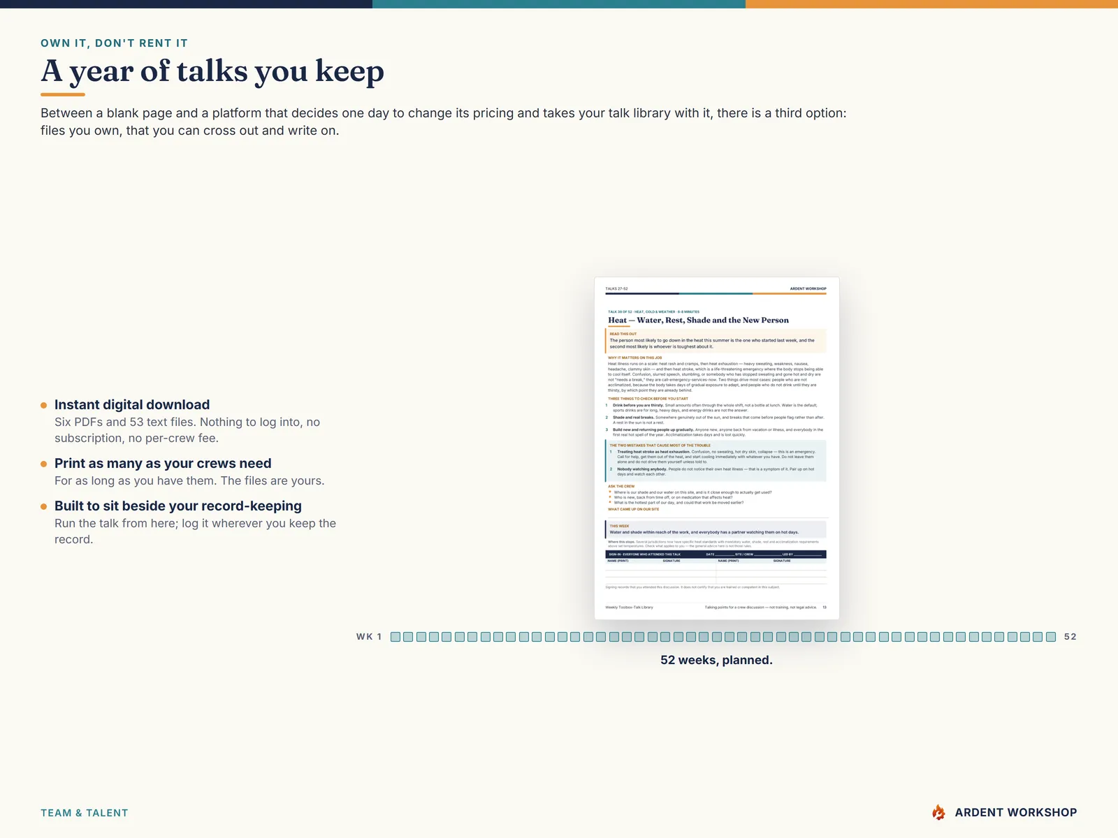 Own it, don't rent it — a year of toolbox talks you keep, print and write on