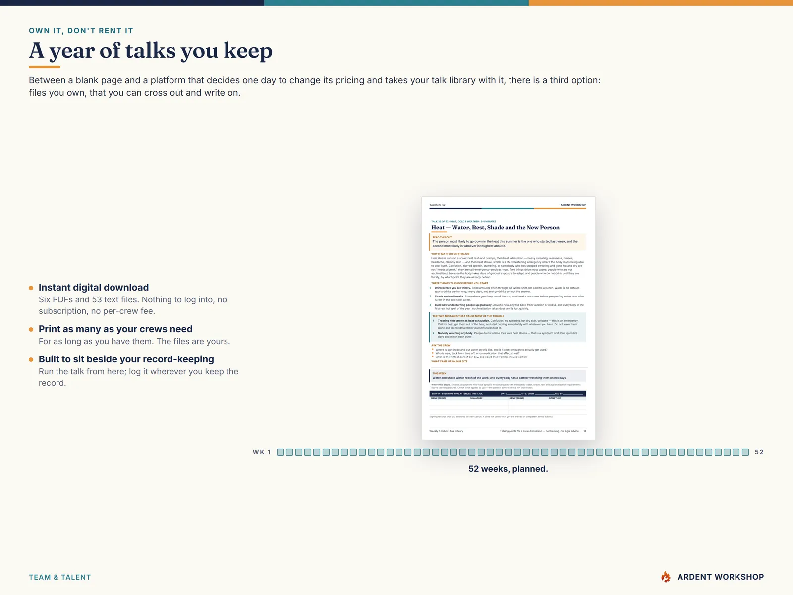 Own it, don't rent it — a year of toolbox talks you keep, print and write on