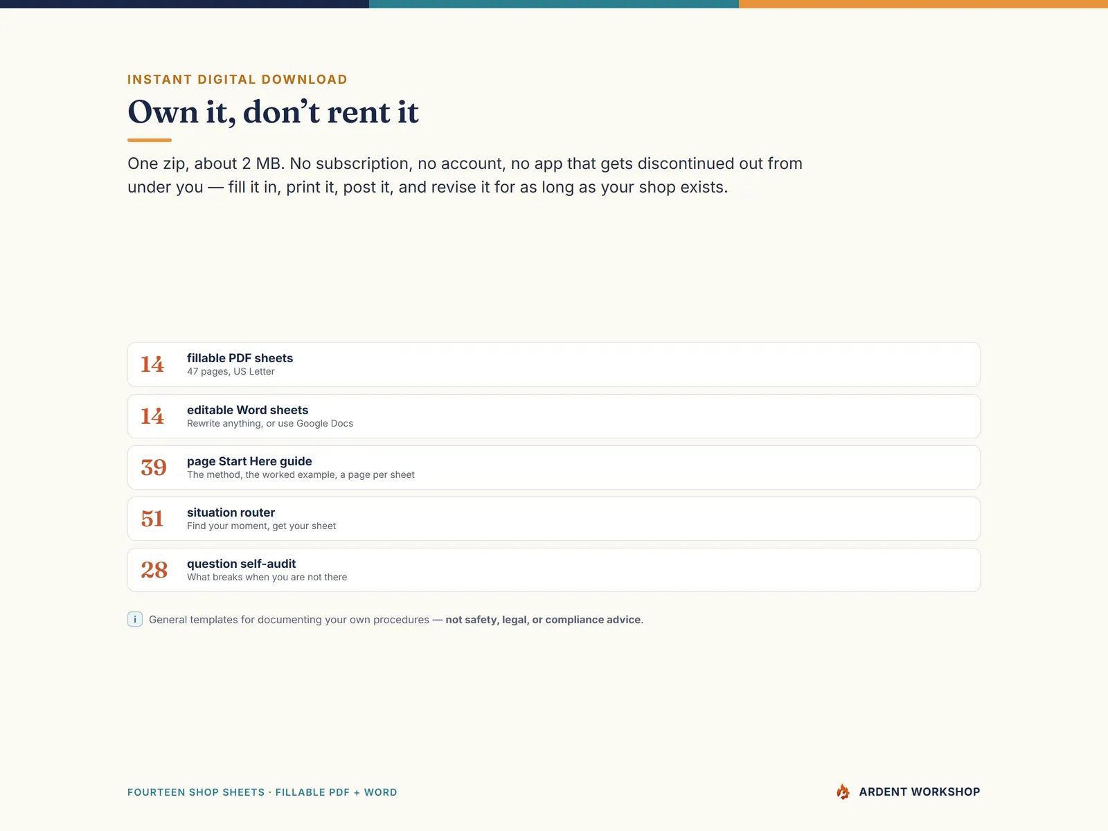What you get — 14 fillable PDF sheets, 14 editable Word sheets, a 39-page guide, a router and a self-audit