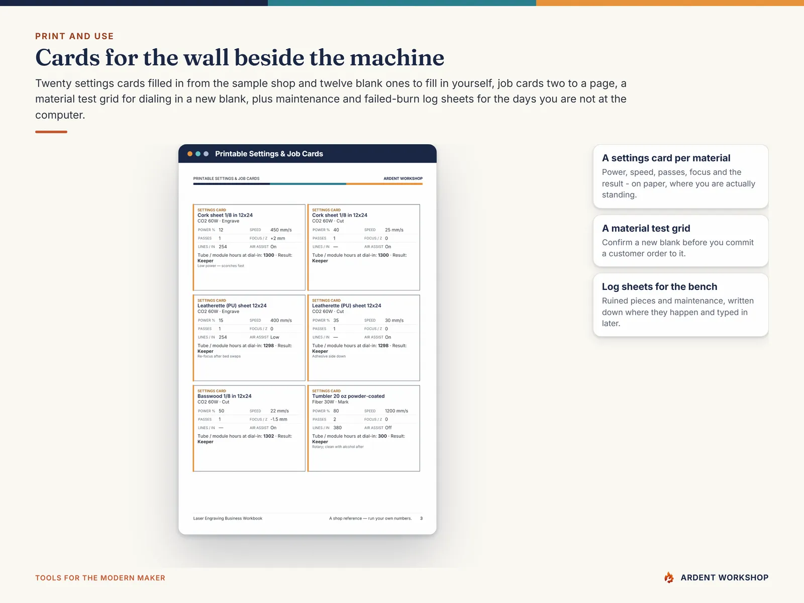Printable settings cards, job cards, a material test grid and log sheets for the wall beside the laser