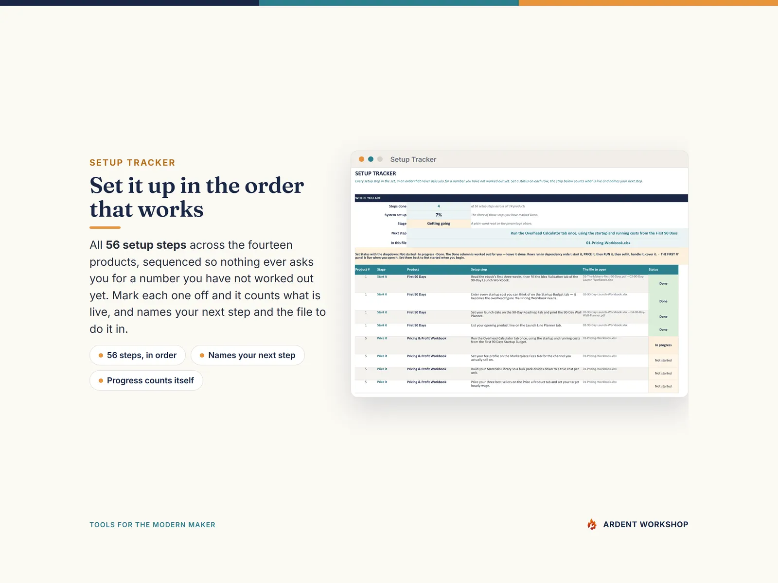 The Setup Tracker sequences all 56 setup steps and names your next one