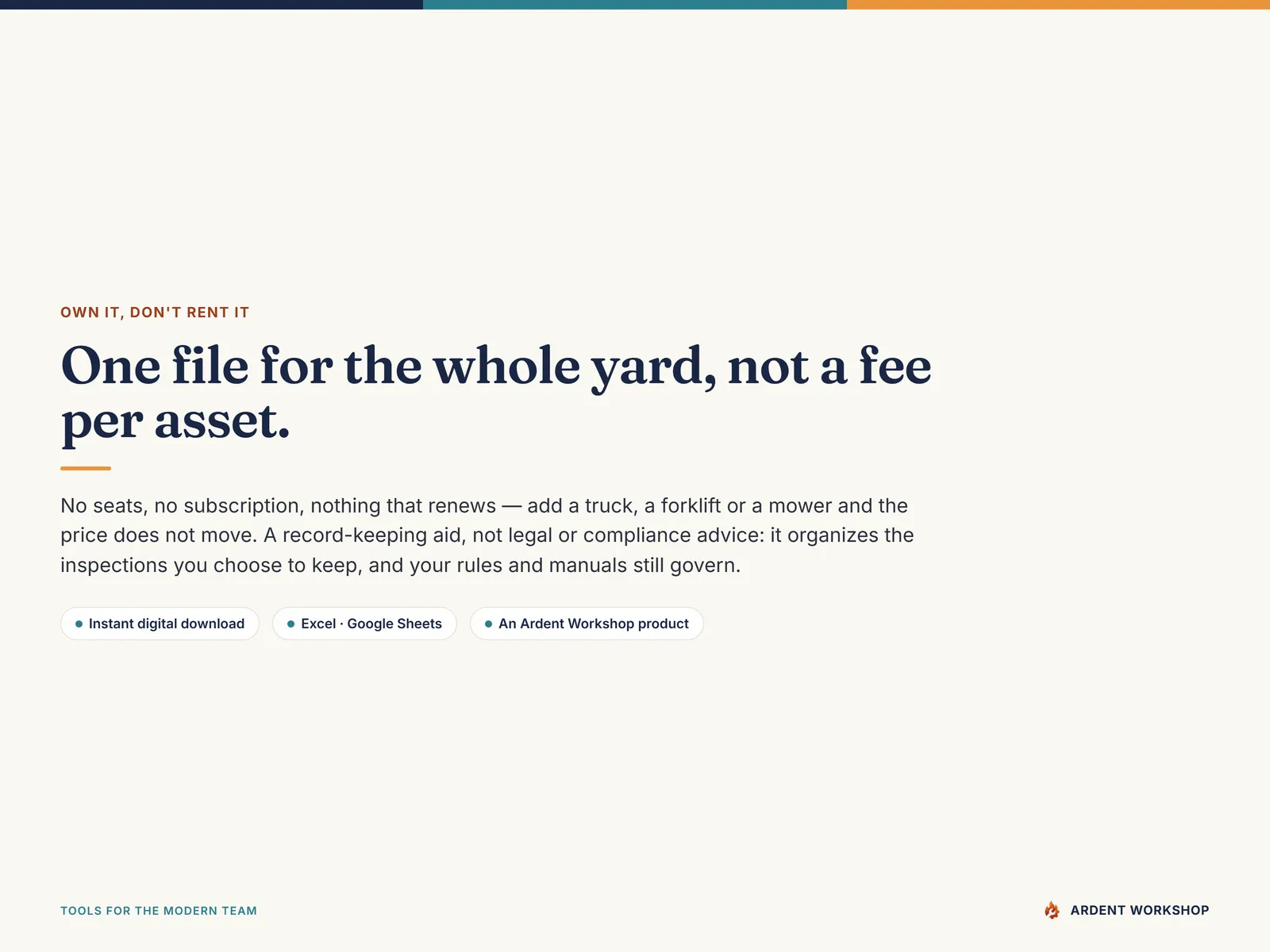 Closing card - one file for the whole yard instead of a fee per asset, with no seats and nothing that renews