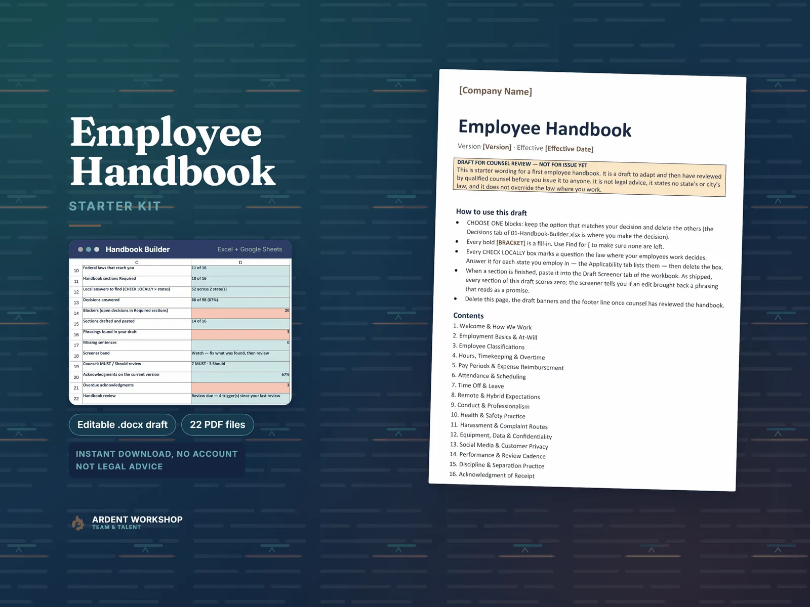 Employee Handbook Starter Kit — workbook and Google Sheet, an editable .docx draft and 22 PDF files, instant download, not legal advice