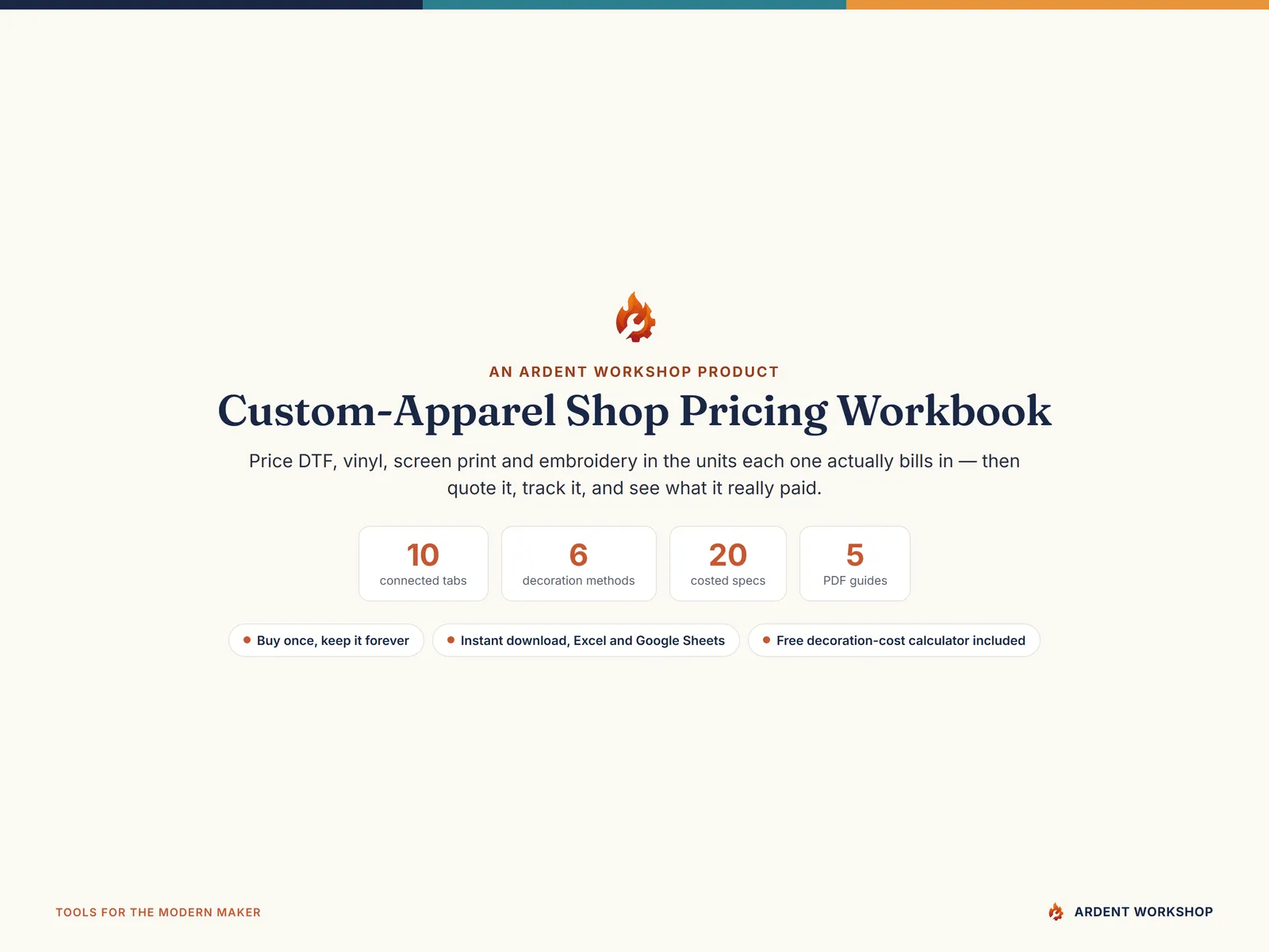 The Custom-Apparel Shop Pricing Workbook: 10 tabs, 6 decoration methods, 20 costed specs and 5 PDF guides