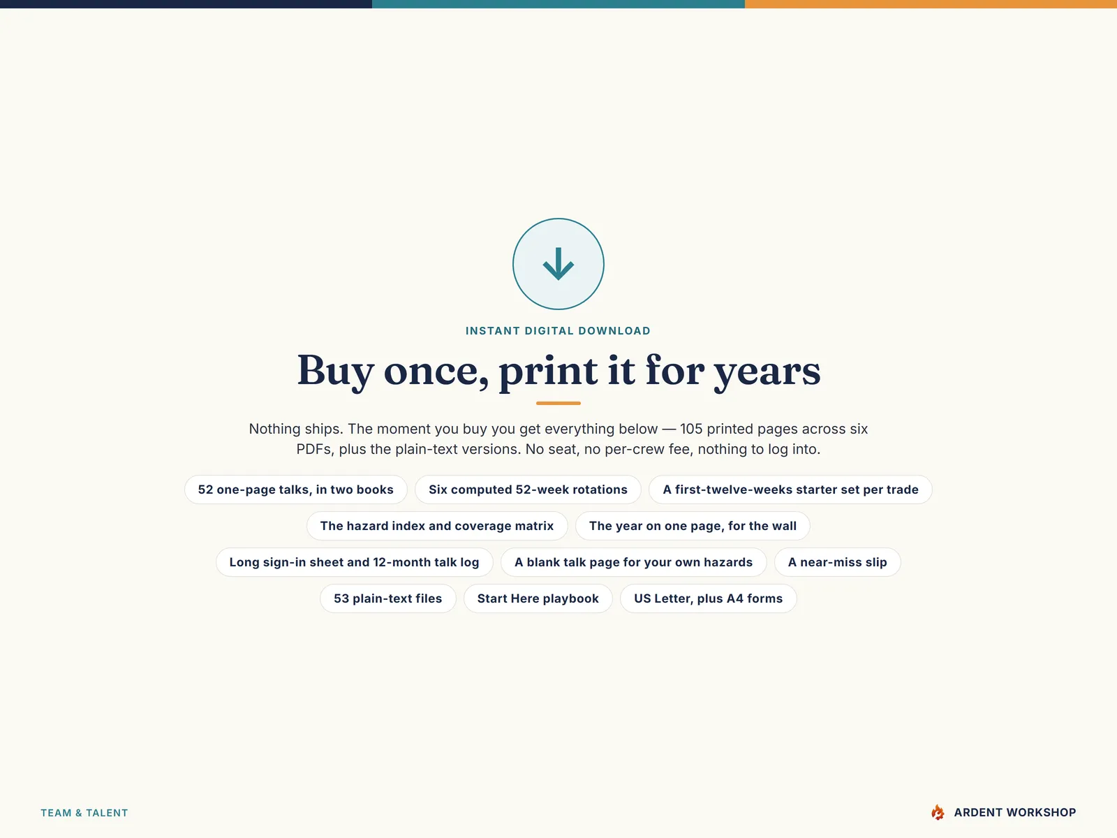 Instant digital download — 105 printed pages across six PDFs plus the plain-text talks, with no seat and no per-crew fee