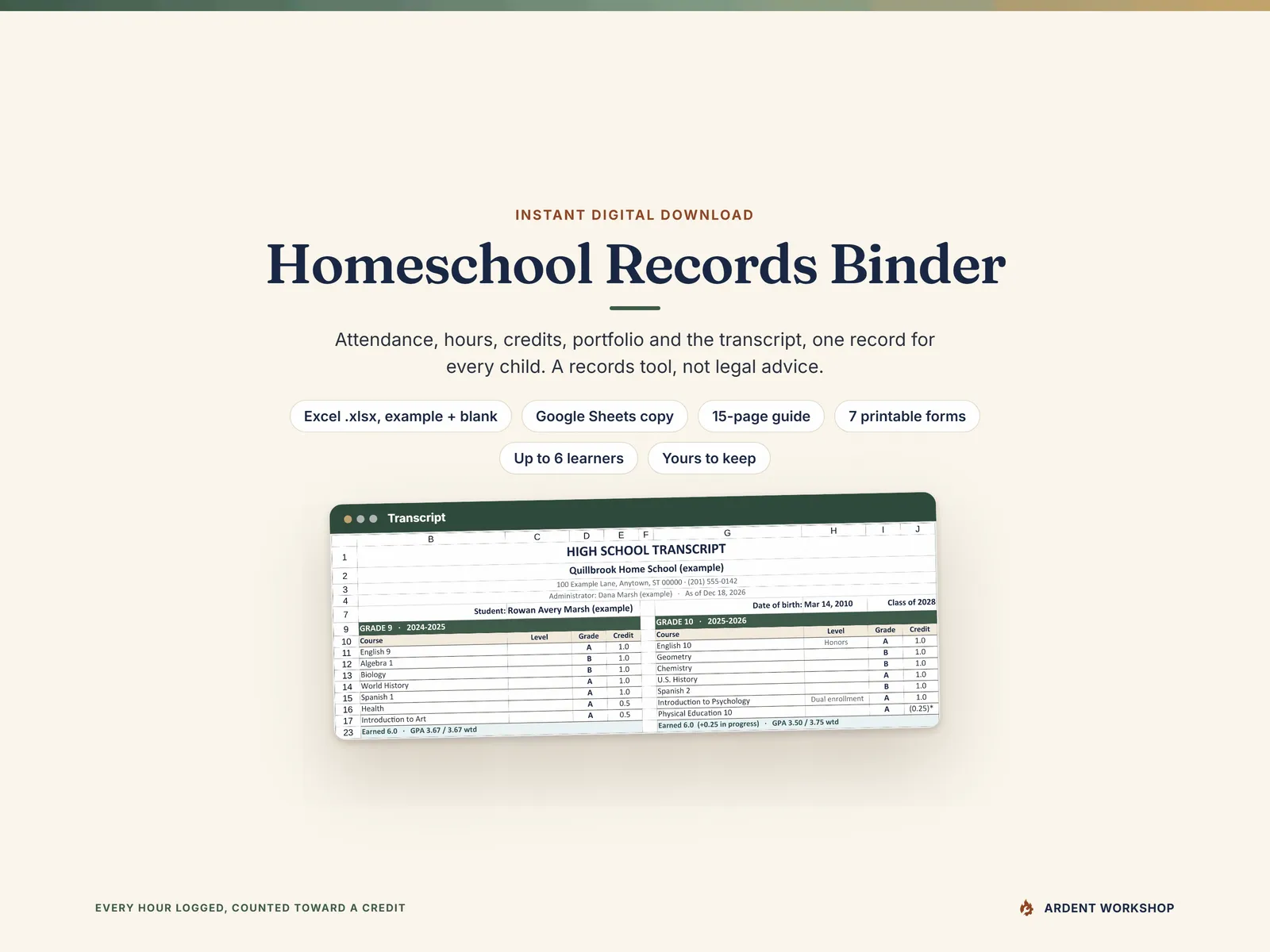 Homeschool Records Binder — instant digital download with the .xlsx workbook, the Google Sheets copy, the guide and the printable forms